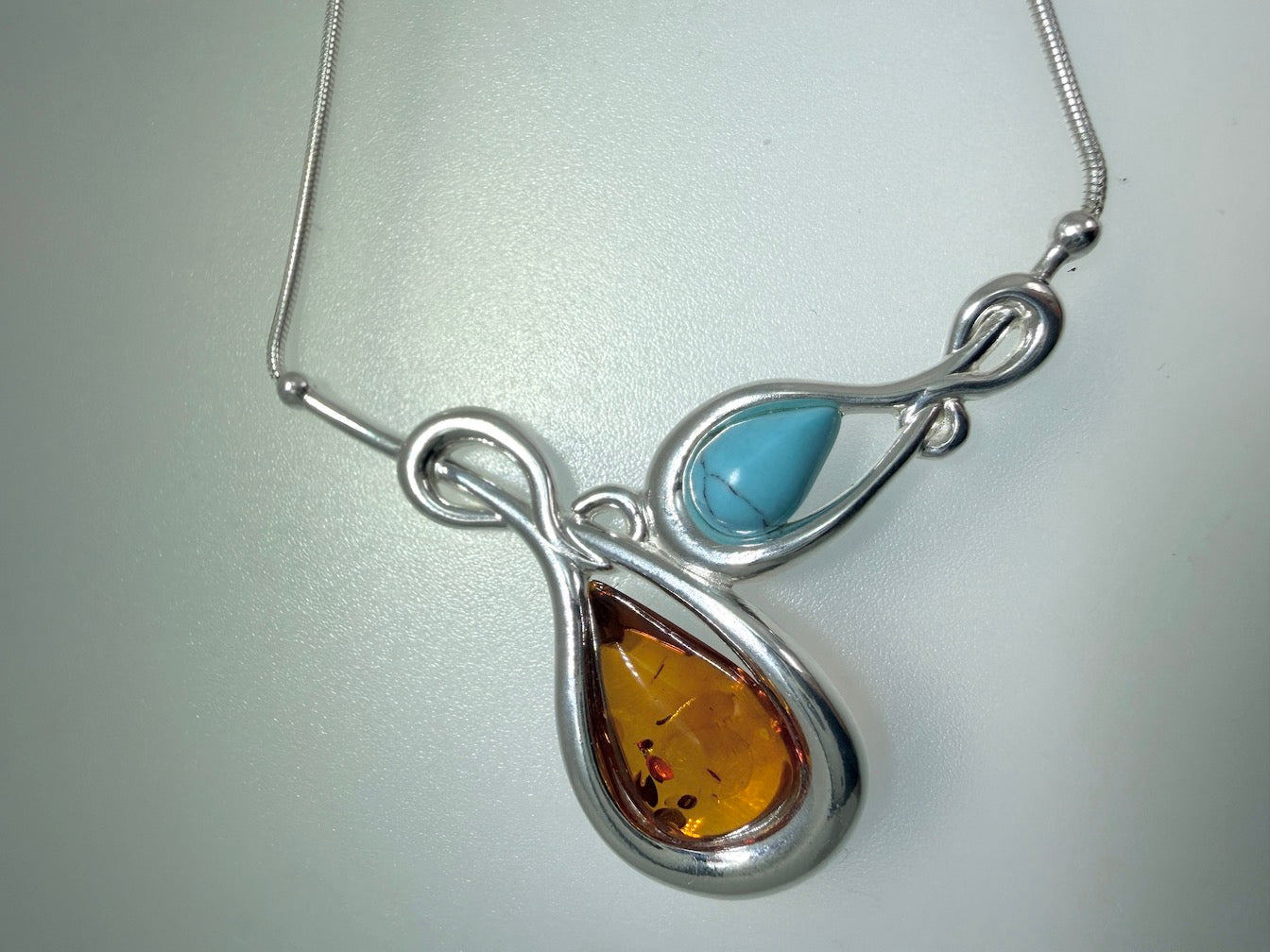Handmade Sterling Silver & Genuine Baltic Amber Two-Stone Drop Necklace – Amber and Turquoise