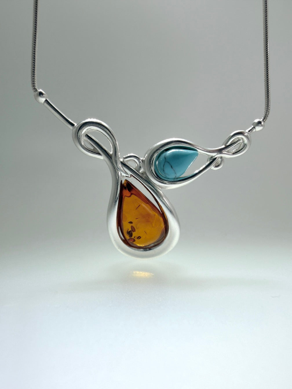 Handmade Sterling Silver & Genuine Baltic Amber Two-Stone Drop Necklace – Amber and Turquoise