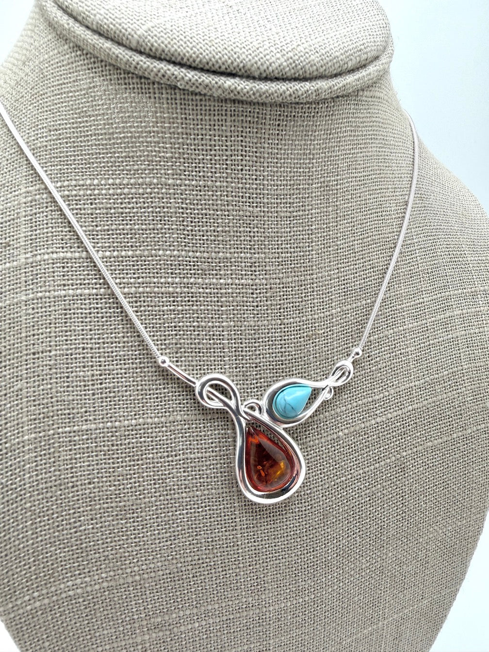 Handmade Sterling Silver & Genuine Baltic Amber Two-Stone Drop Necklace – Amber and Turquoise