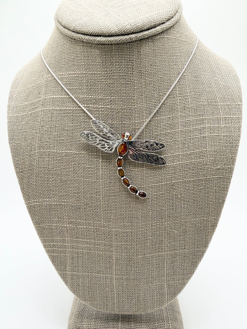 Handmade Sterling Silver & Honey Baltic Amber Dragonfly Pendant Necklace – Filigree Wings, Genuine Amber, Made in Poland