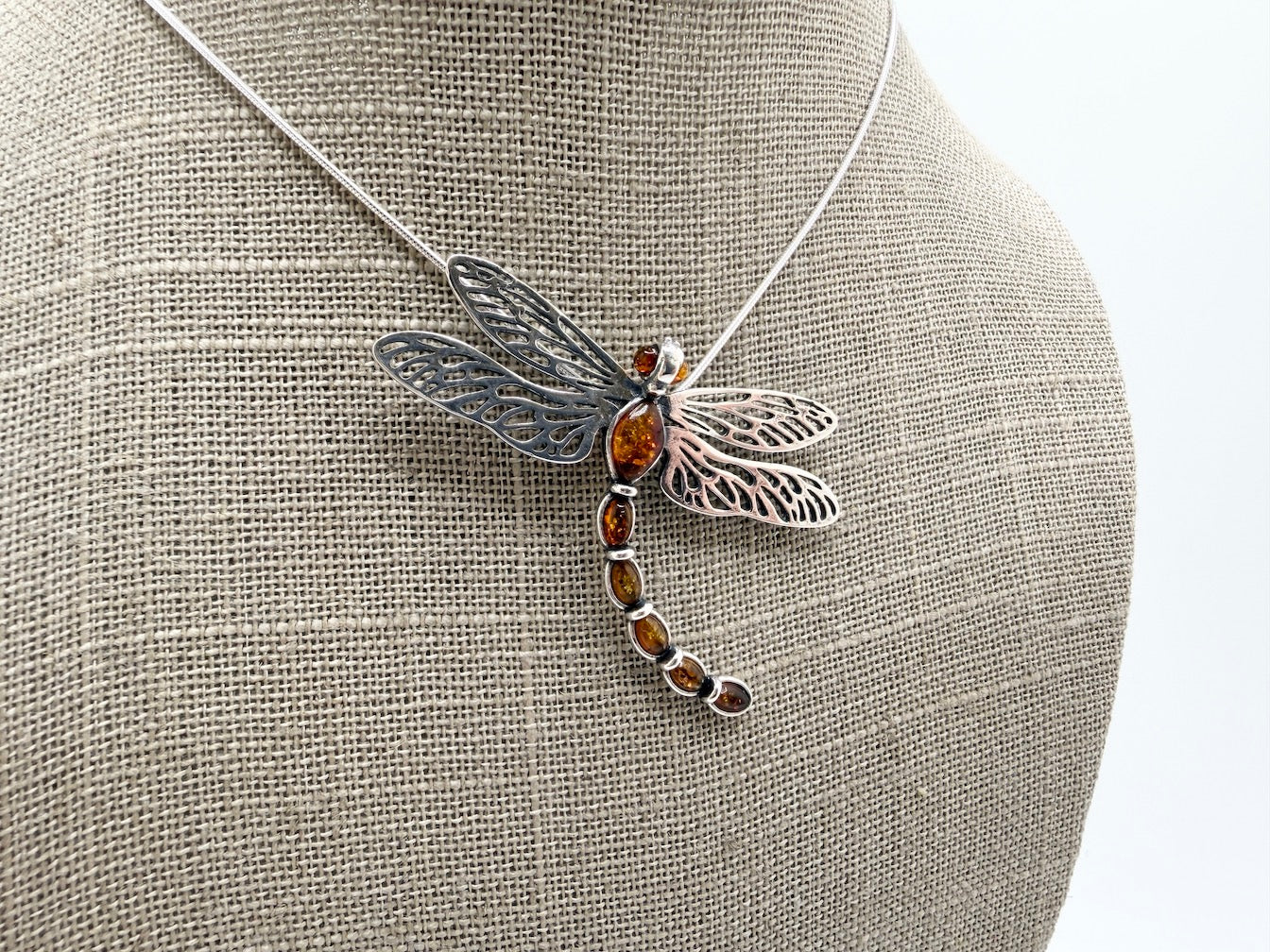 Handmade Sterling Silver & Honey Baltic Amber Dragonfly Pendant Necklace – Filigree Wings, Genuine Amber, Made in Poland