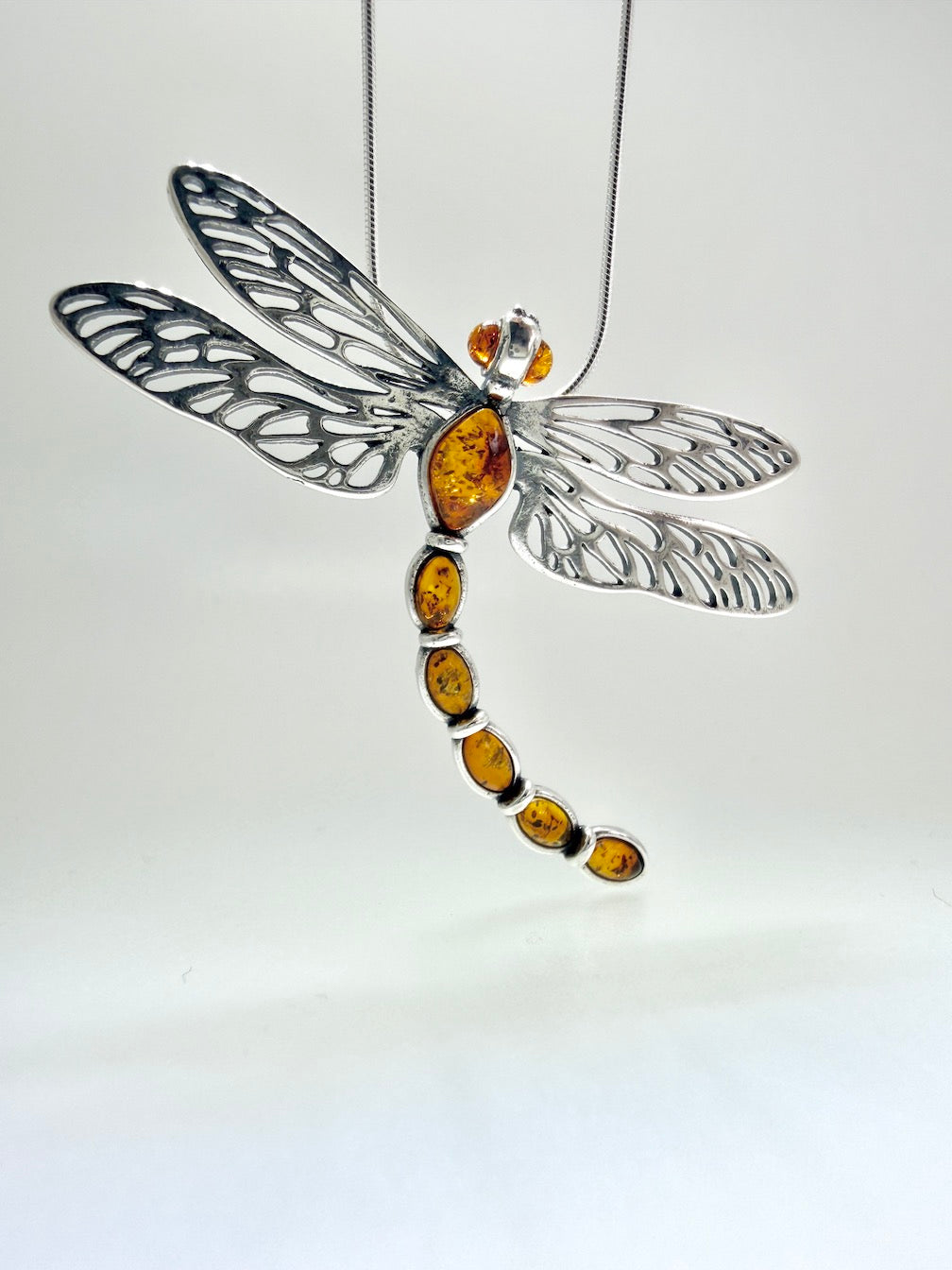 Handmade Sterling Silver & Honey Baltic Amber Dragonfly Pendant Necklace – Filigree Wings, Genuine Amber, Made in Poland