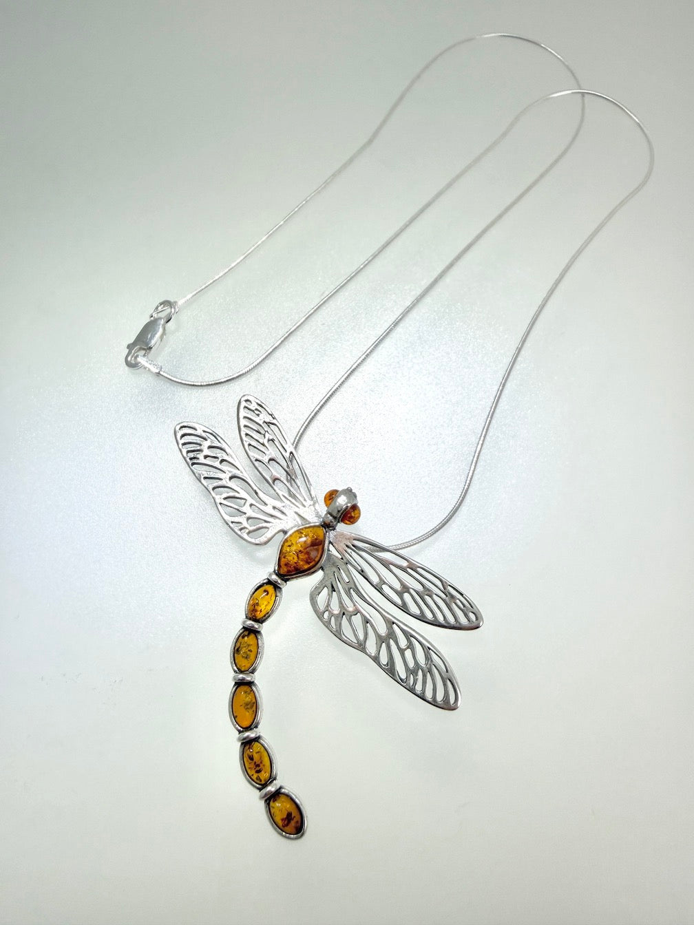 Handmade Sterling Silver & Honey Baltic Amber Dragonfly Pendant Necklace – Filigree Wings, Genuine Amber, Made in Poland