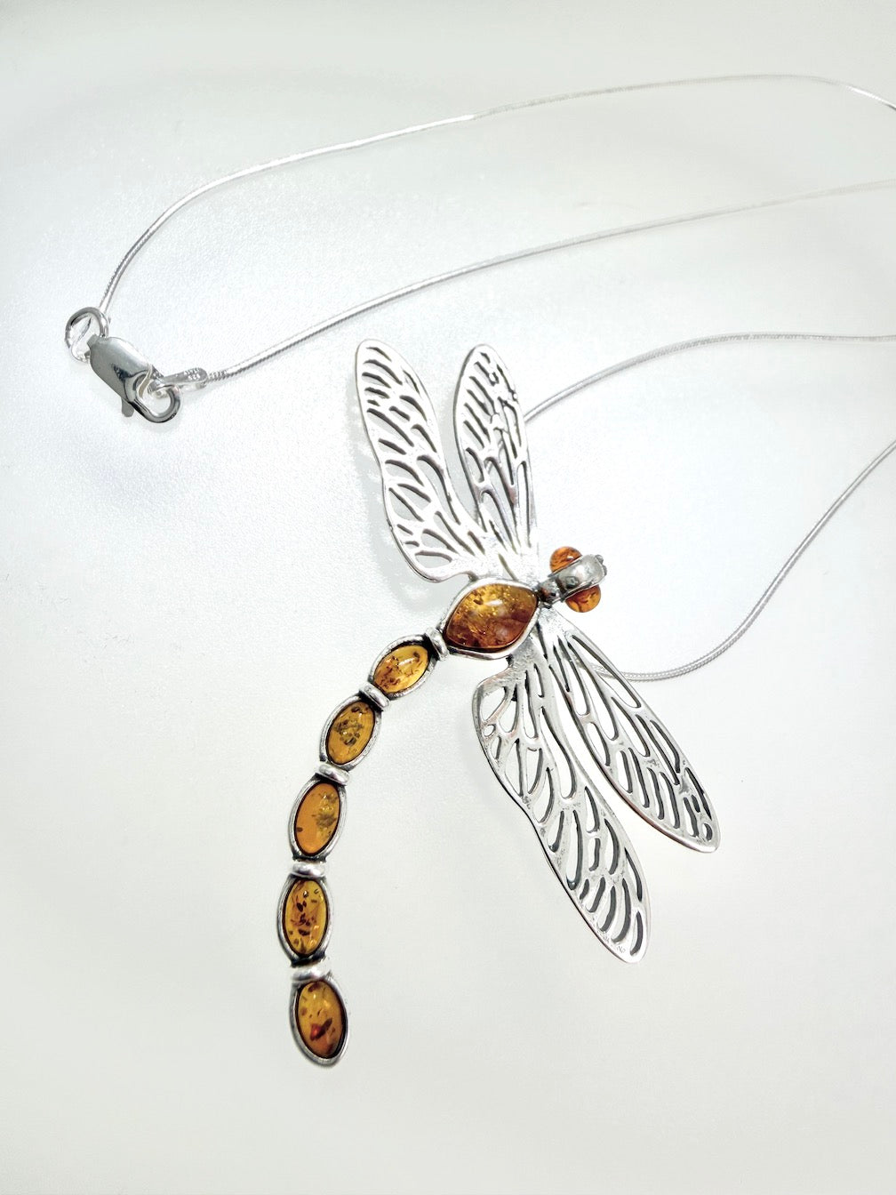 Handmade Sterling Silver & Honey Baltic Amber Dragonfly Pendant Necklace – Filigree Wings, Genuine Amber, Made in Poland