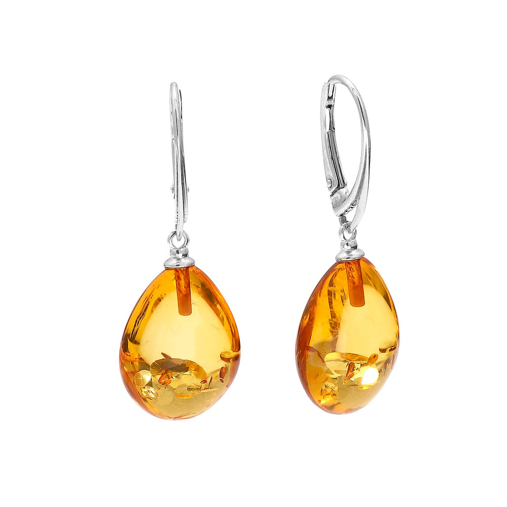 Handmade Baltic Amber Dangle Earrings | Natural Honey Cognac Teardrops with Sterling Silver Lever-Back Closures