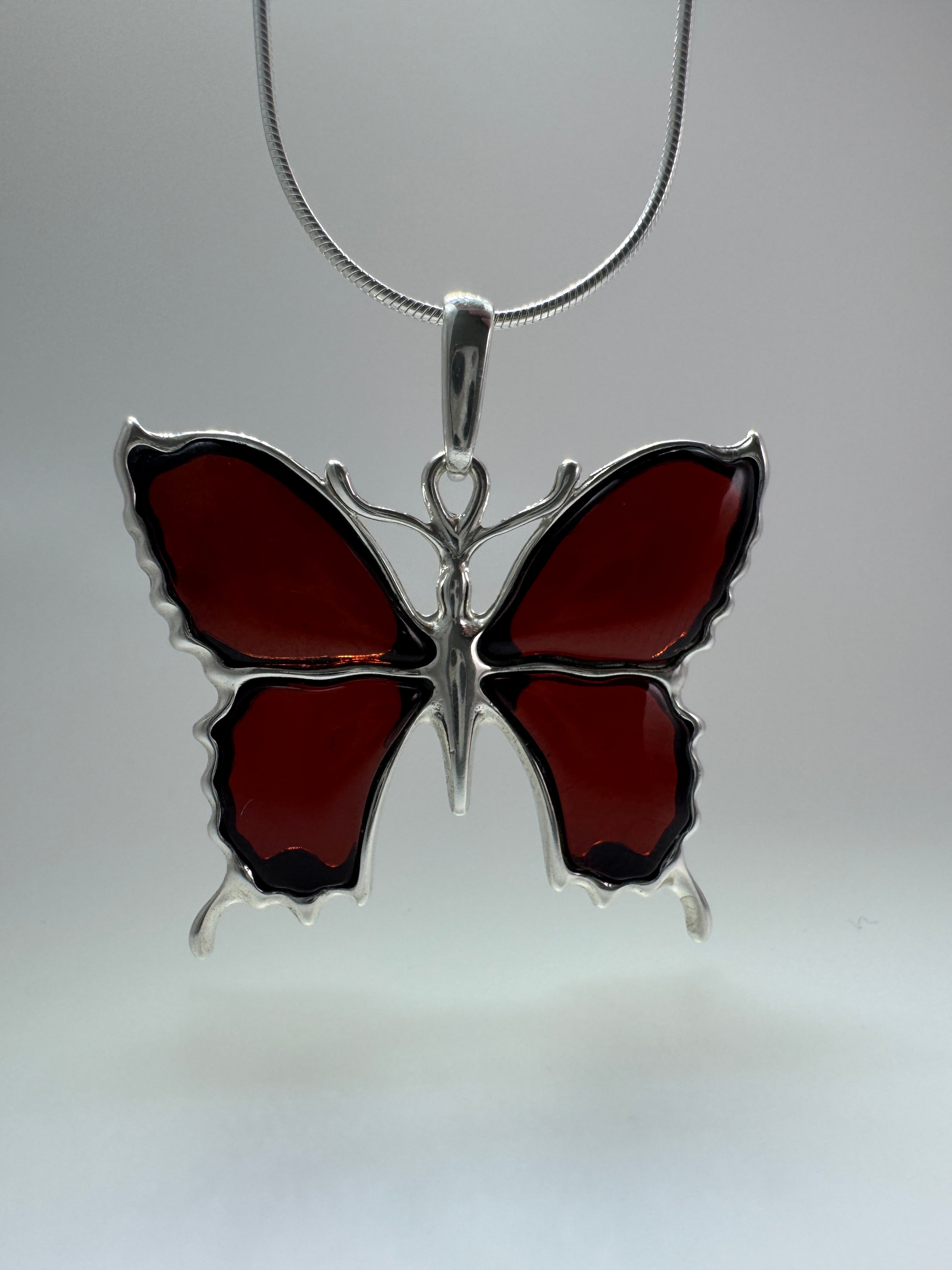 Handmade Sterling Silver Baltic Amber Butterfly Pendant Necklace – Honey, Green, Lemon, Cherry, or Multicolor