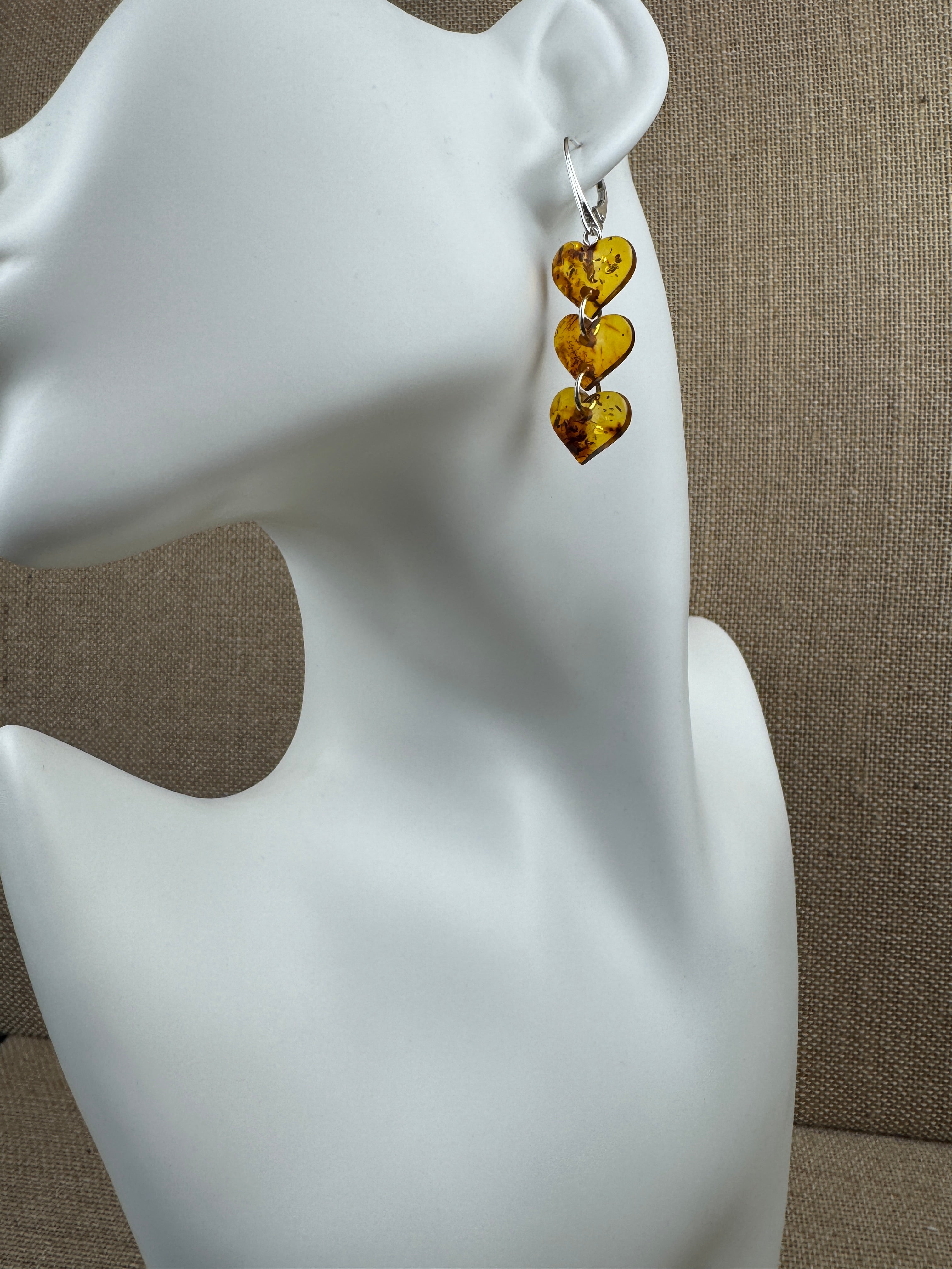 Handmade in Lithuania Cognac Baltic Amber Triple Heart Drop Earrings – Lever Back Dangle Earrings