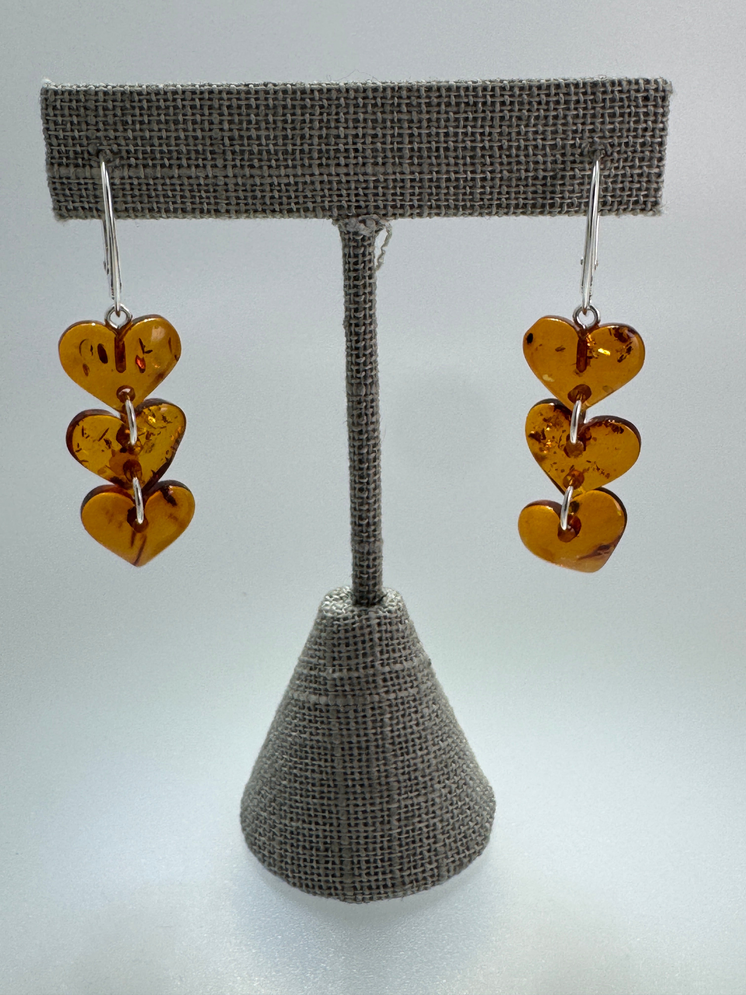 Handmade in Lithuania Cognac Baltic Amber Triple Heart Drop Earrings – Lever Back Dangle Earrings