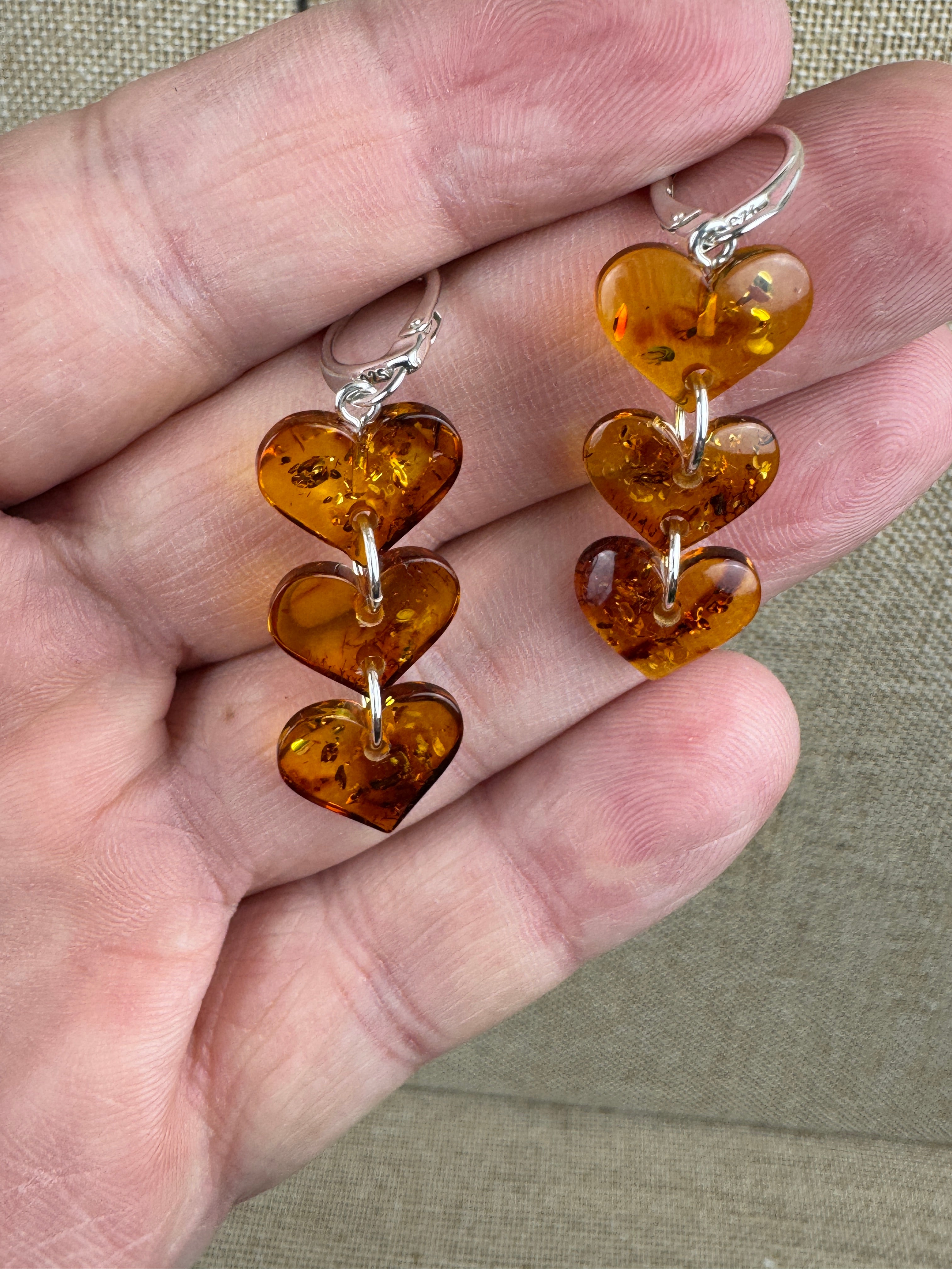 Handmade in Lithuania Cognac Baltic Amber Triple Heart Drop Earrings – Lever Back Dangle Earrings