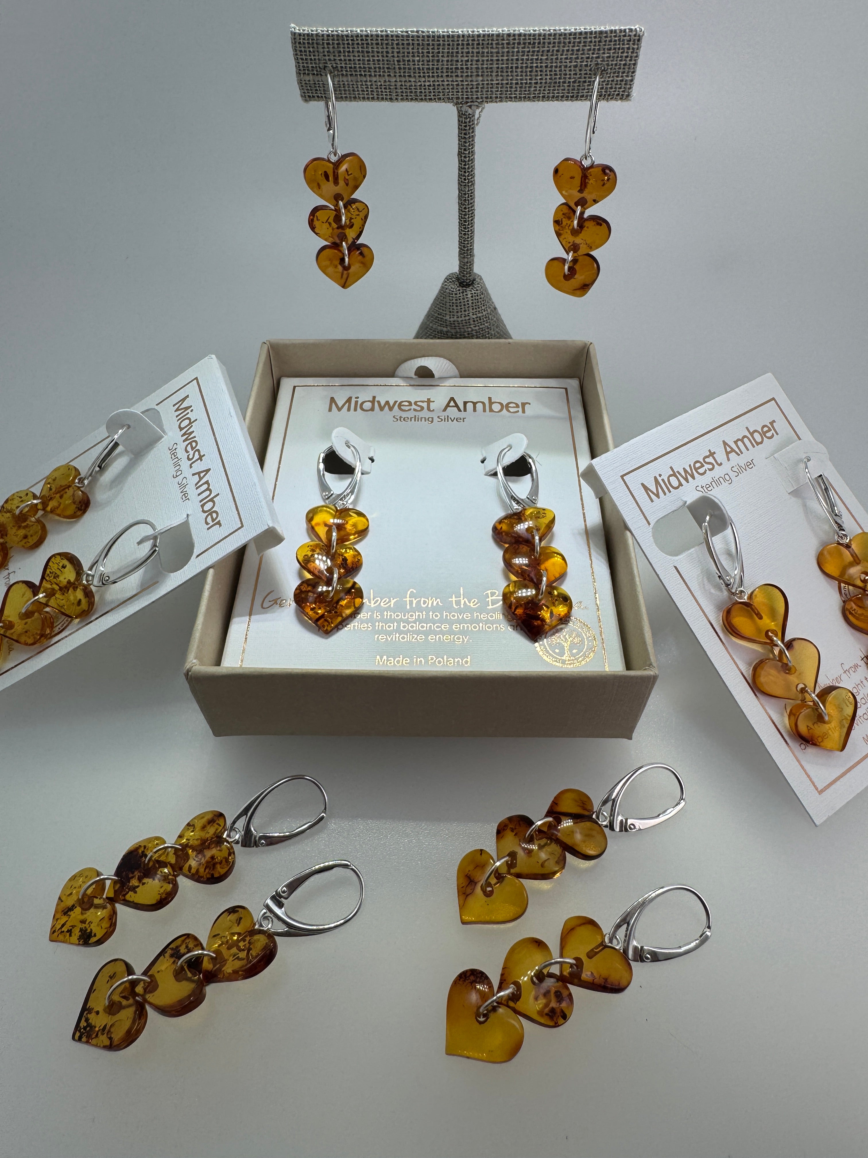 Handmade in Lithuania Cognac Baltic Amber Triple Heart Drop Earrings – Lever Back Dangle Earrings