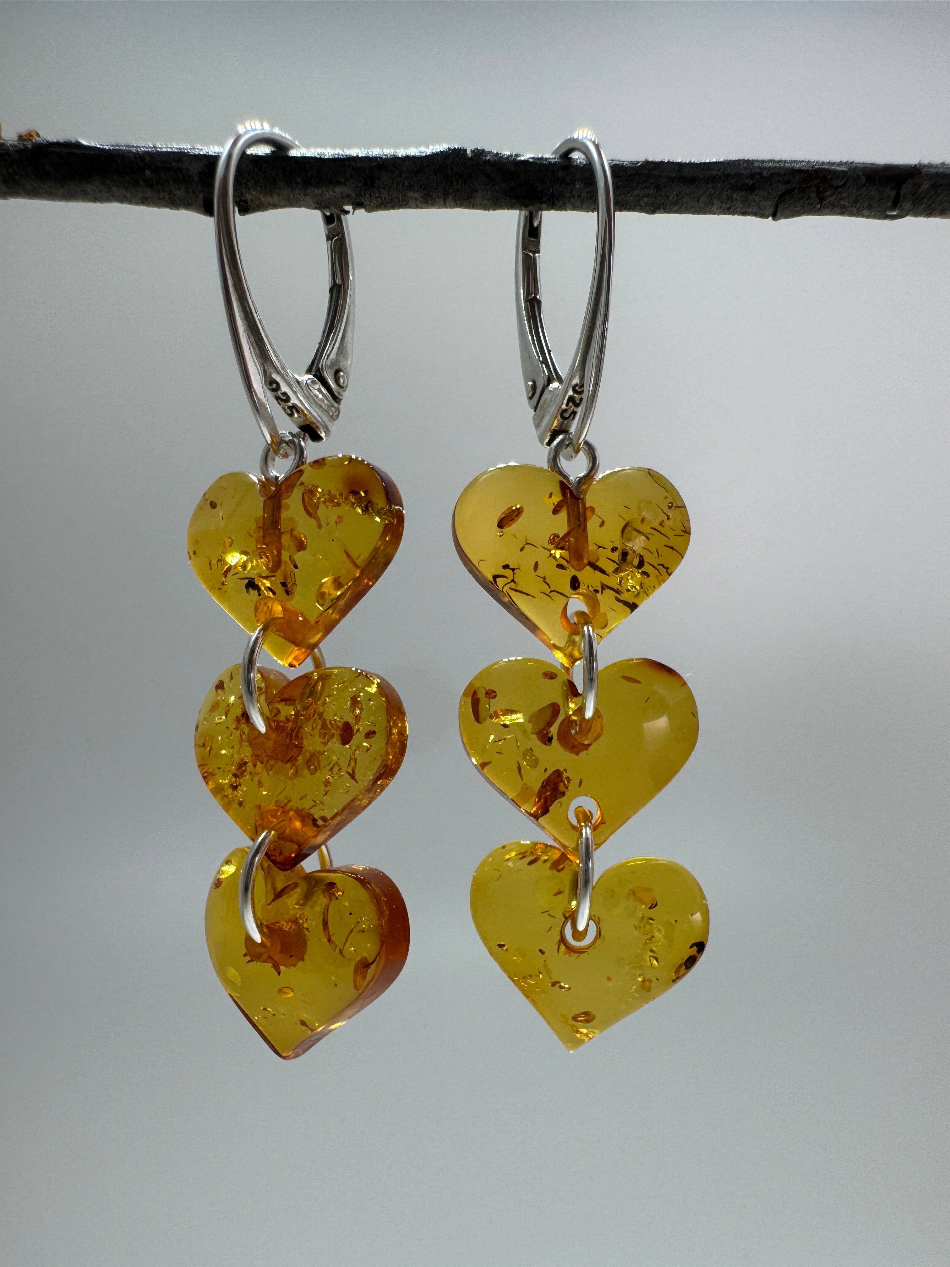 Handmade in Lithuania Cognac Baltic Amber Triple Heart Drop Earrings – Lever Back Dangle Earrings