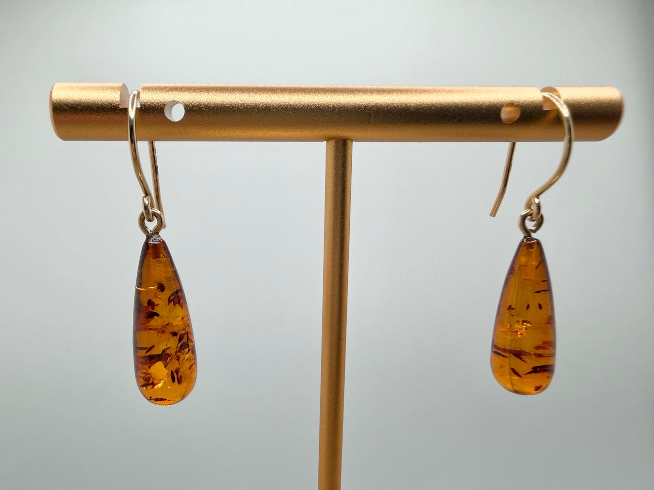 Handmade in Poland 14K Gold & Cognac Baltic Amber Teardrop Earrings – Lightweight Everyday Amber Drop Earrings