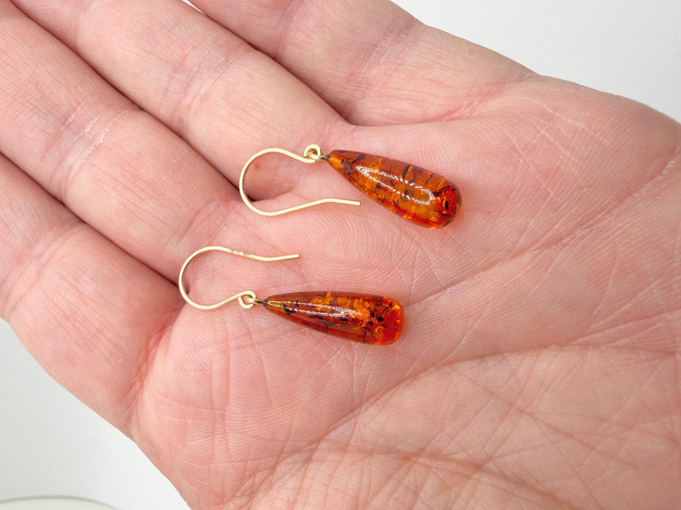 Handmade in Poland 14K Gold & Cognac Baltic Amber Teardrop Earrings – Lightweight Everyday Amber Drop Earrings