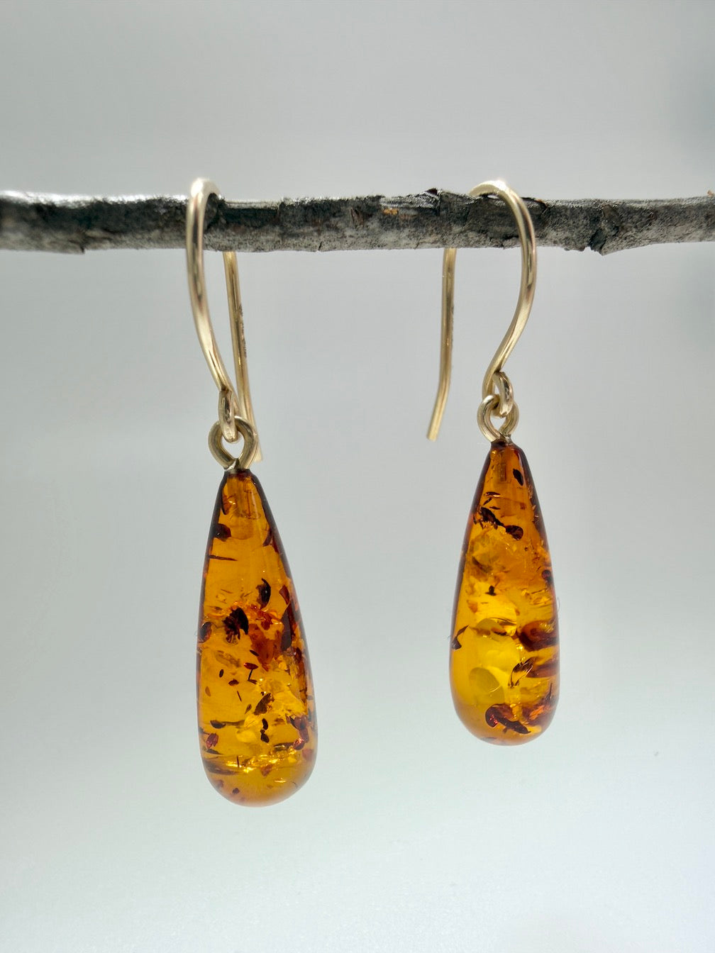 Handmade in Poland 14K Gold & Cognac Baltic Amber Teardrop Earrings – Lightweight Everyday Amber Drop Earrings