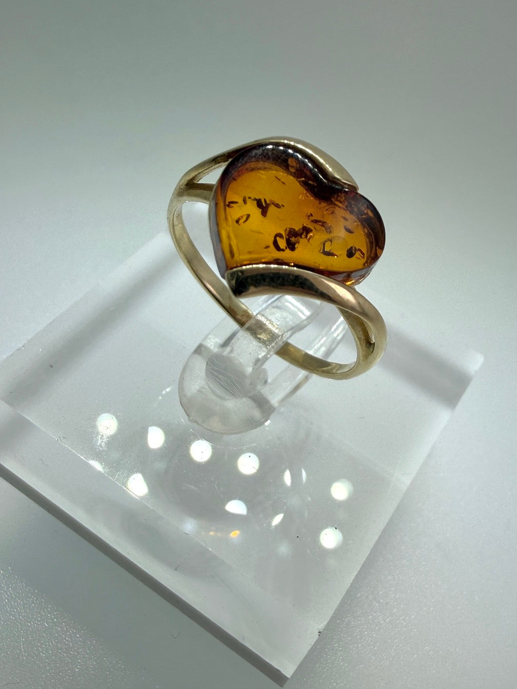 14K Gold & Honey Baltic Amber Heart Ring – Size 7.5 – Genuine Artisan Jewelry