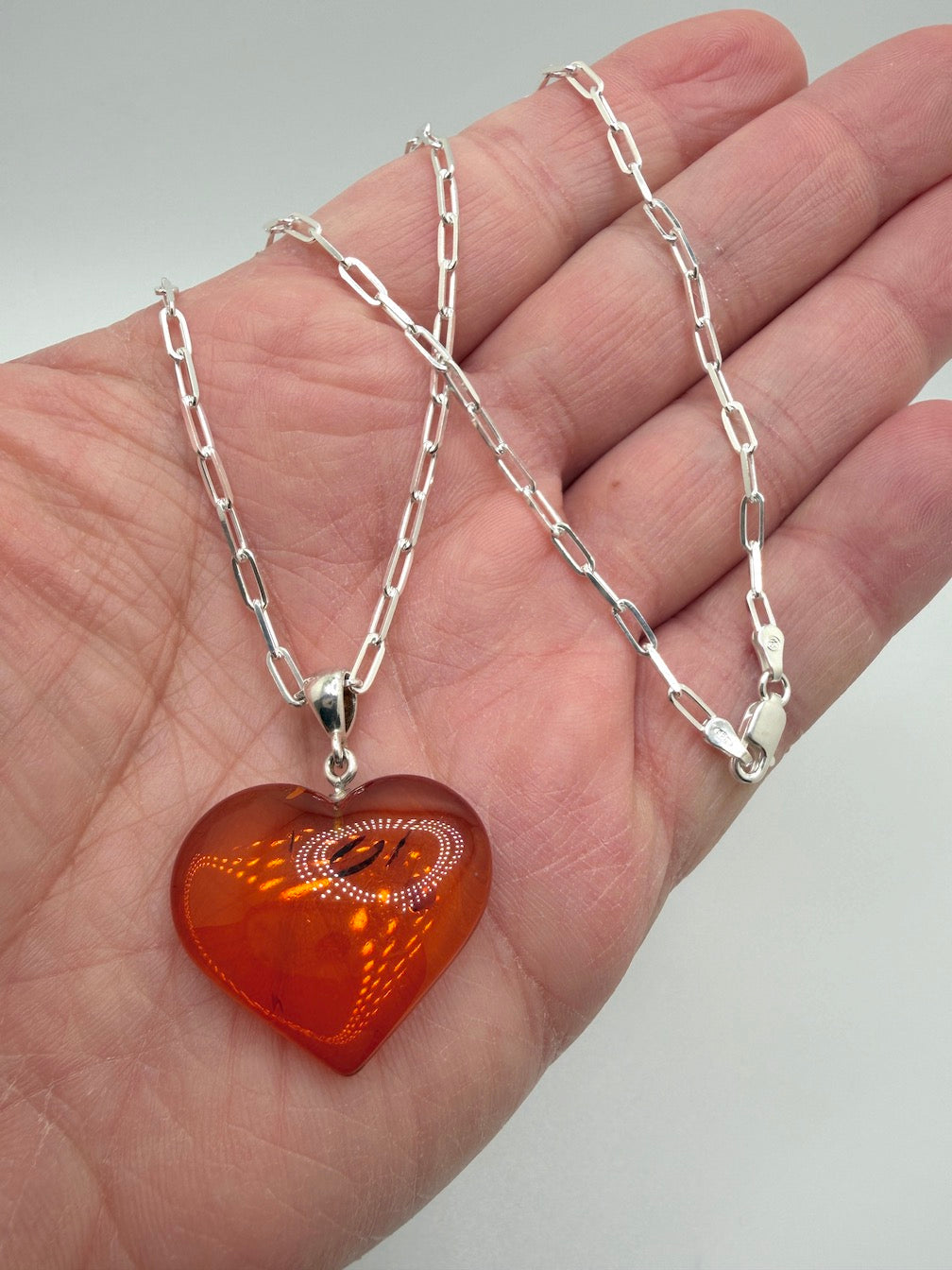 Baltic Amber Heart Necklace on Oversized Sterling Silver Paperclip Chain