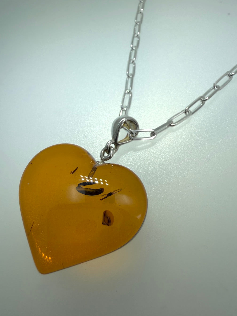 Baltic Amber Heart Necklace on Oversized Sterling Silver Paperclip Chain
