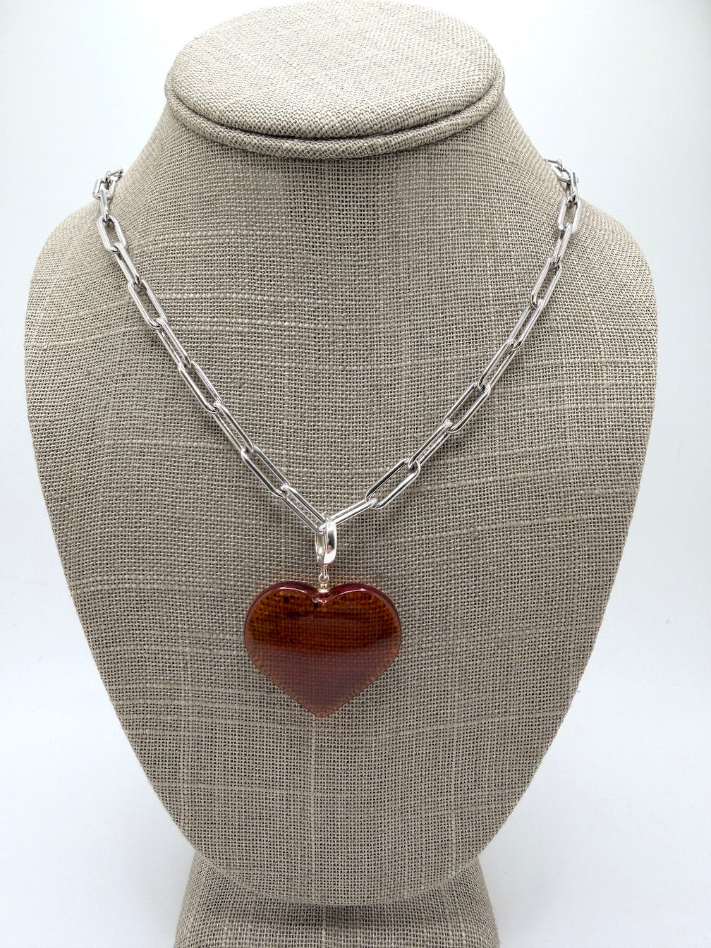 Baltic Amber Puffy Heart Necklace on Oversized Sterling Silver Paperclip Chain