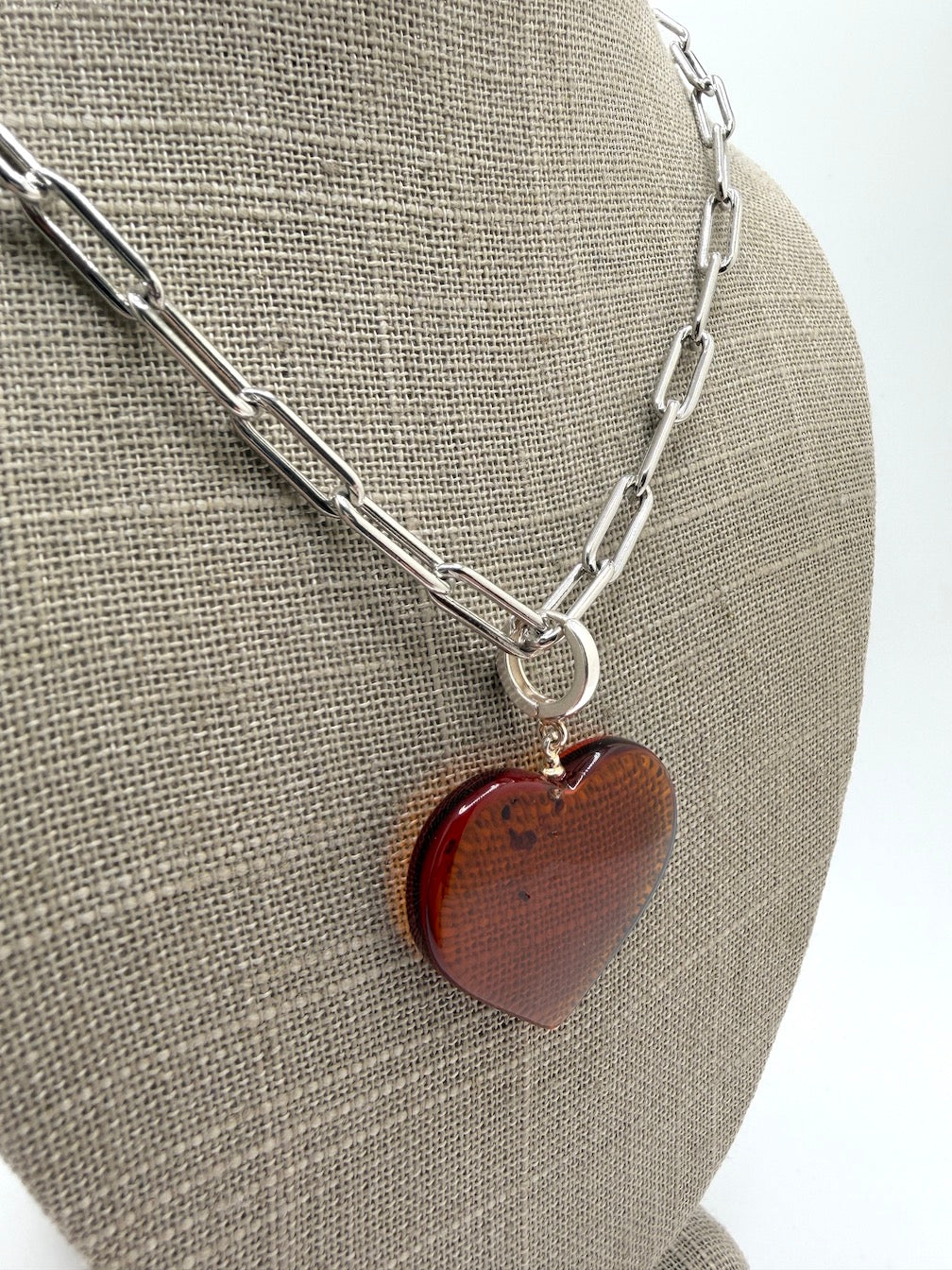 Baltic Amber Puffy Heart Necklace on Oversized Sterling Silver Paperclip Chain