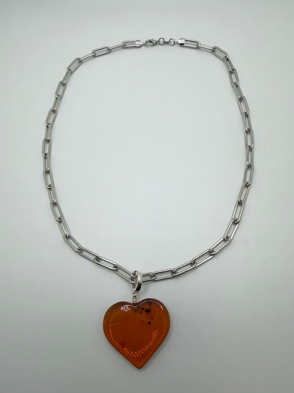 Baltic Amber Puffy Heart Necklace on Oversized Sterling Silver Paperclip Chain