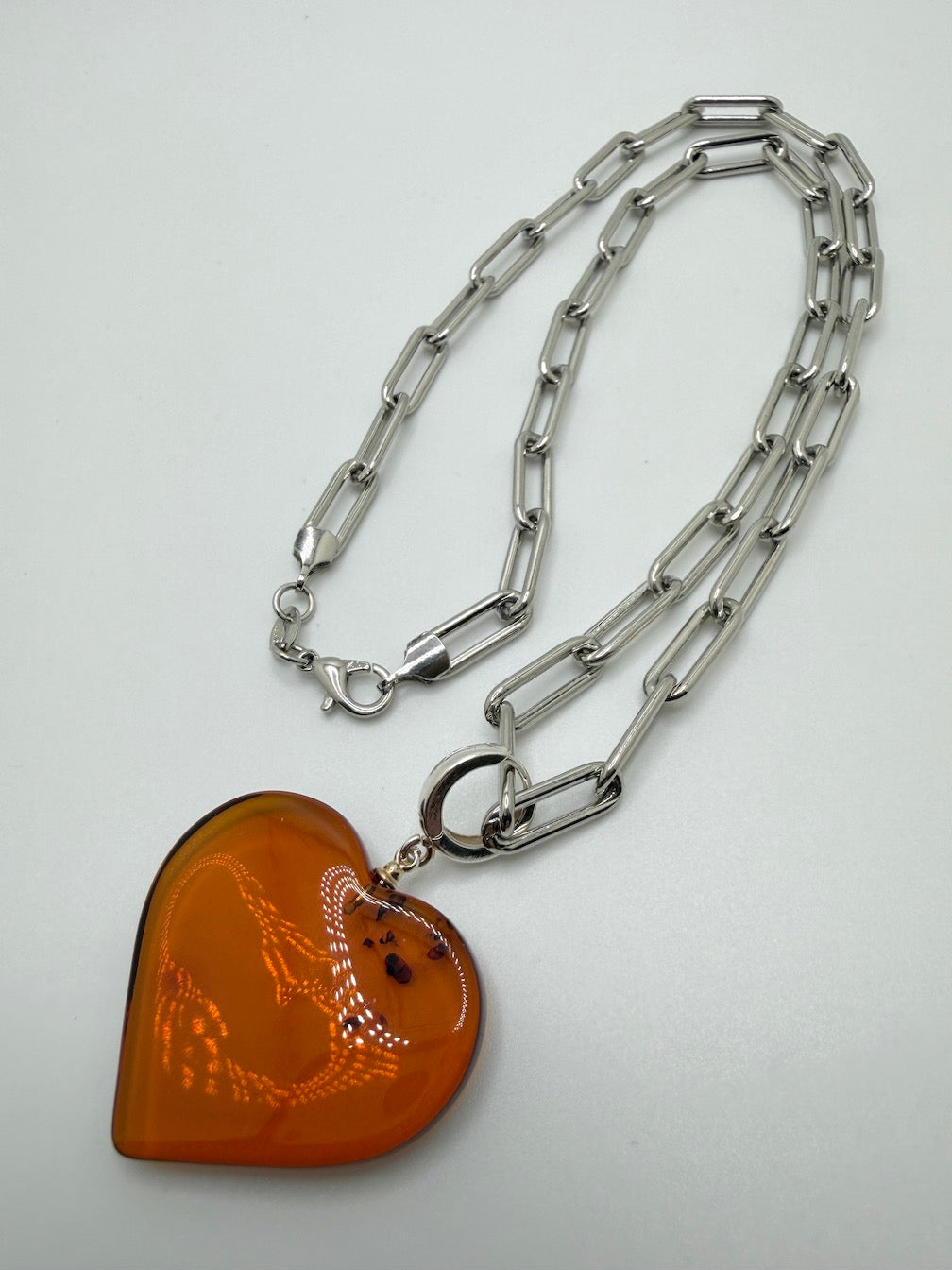 Baltic Amber Puffy Heart Necklace on Oversized Sterling Silver Paperclip Chain