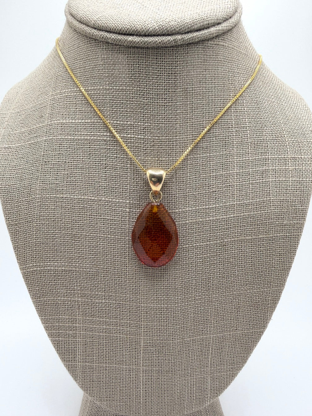 Baltic Amber Faceted Teardrop Pendant in Gold Platted Sterling Silver on Chain