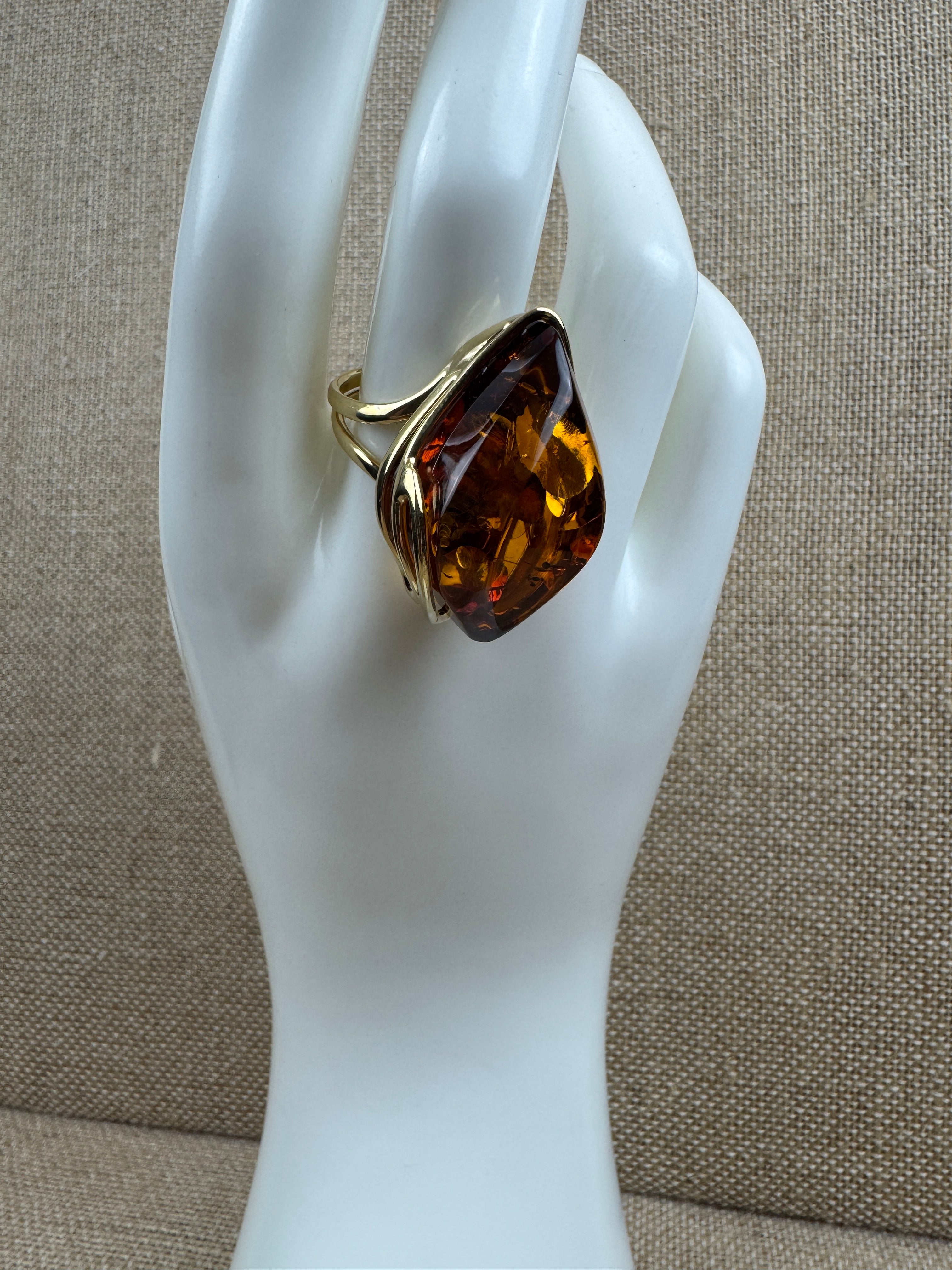 Handmade in Poland Gold Plated Sterling Silver Cognac Baltic Amber Adjustable Cocktail Ring – Genuine Baltic Amber Statement Jewelry