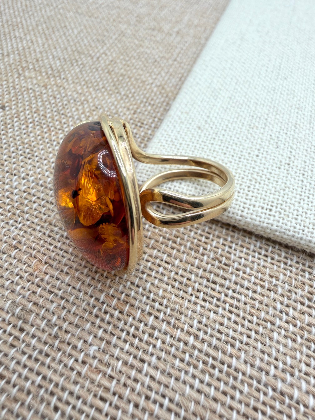 Handmade in Poland Gold Plated Sterling Silver Cognac Baltic Amber Adjustable Cocktail Ring – Genuine Baltic Amber Statement Jewelry