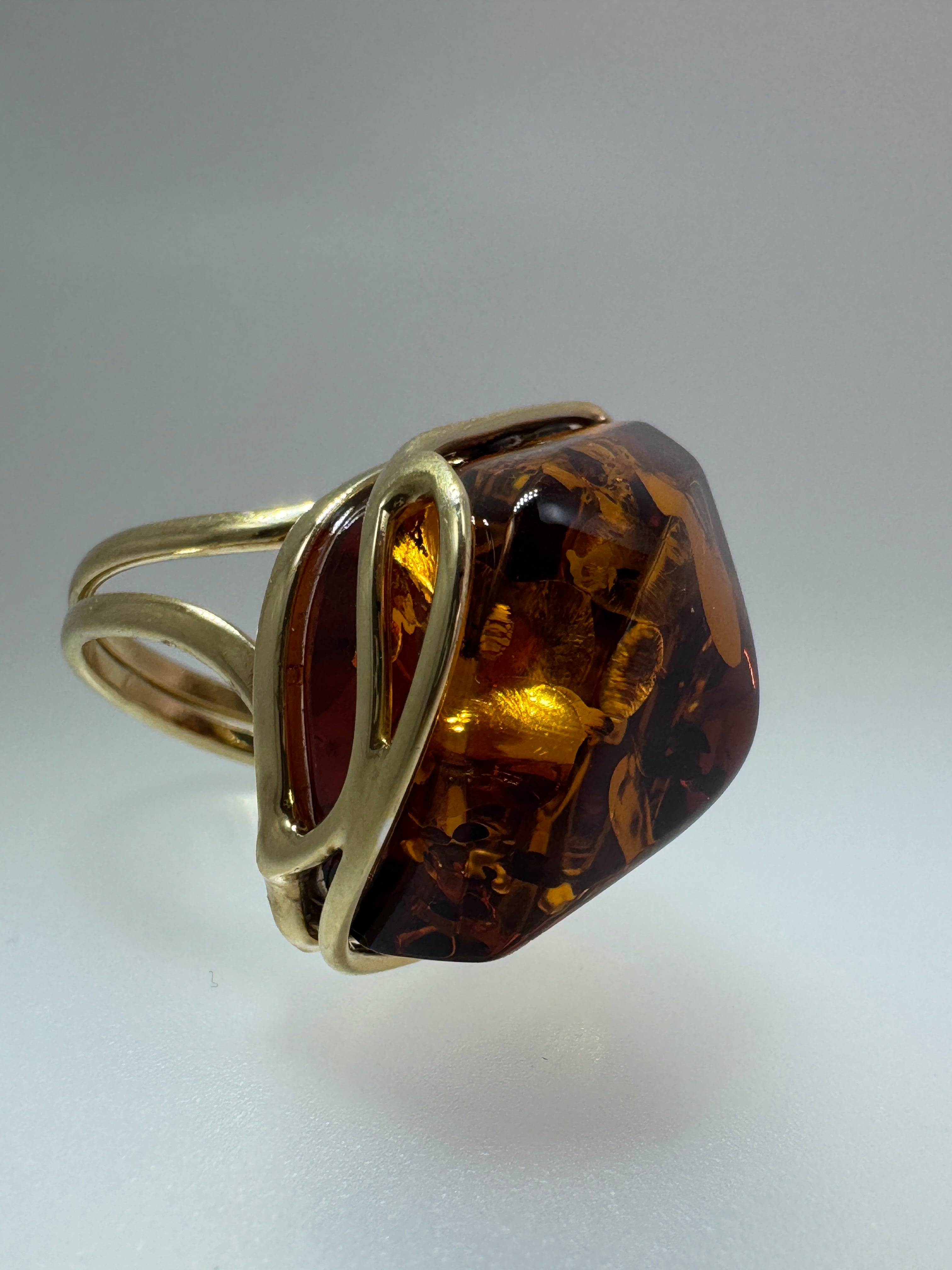 Handmade in Poland Gold Plated Sterling Silver Cognac Baltic Amber Adjustable Cocktail Ring – Genuine Baltic Amber Statement Jewelry