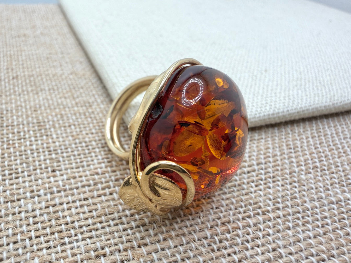 Handmade in Poland Gold Plated Sterling Silver Cognac Baltic Amber Adjustable Cocktail Ring – Genuine Baltic Amber Statement Jewelry
