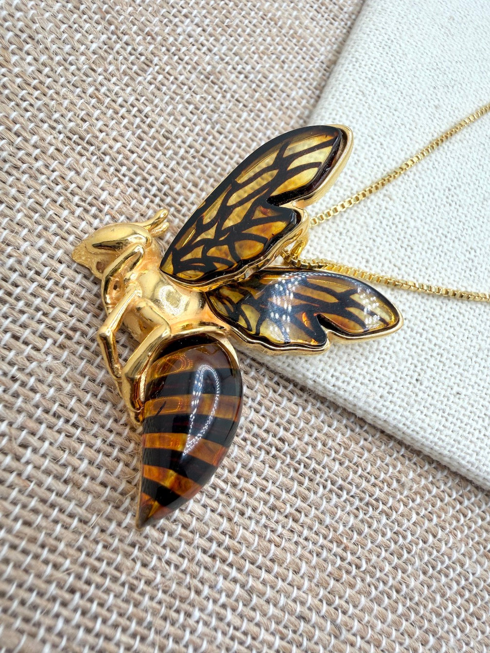 Handmade in Poland Gold Plated Sterling Silver & Genuine Baltic Amber Bumblebee Necklace – Largest Size Museum-Quality Pendant