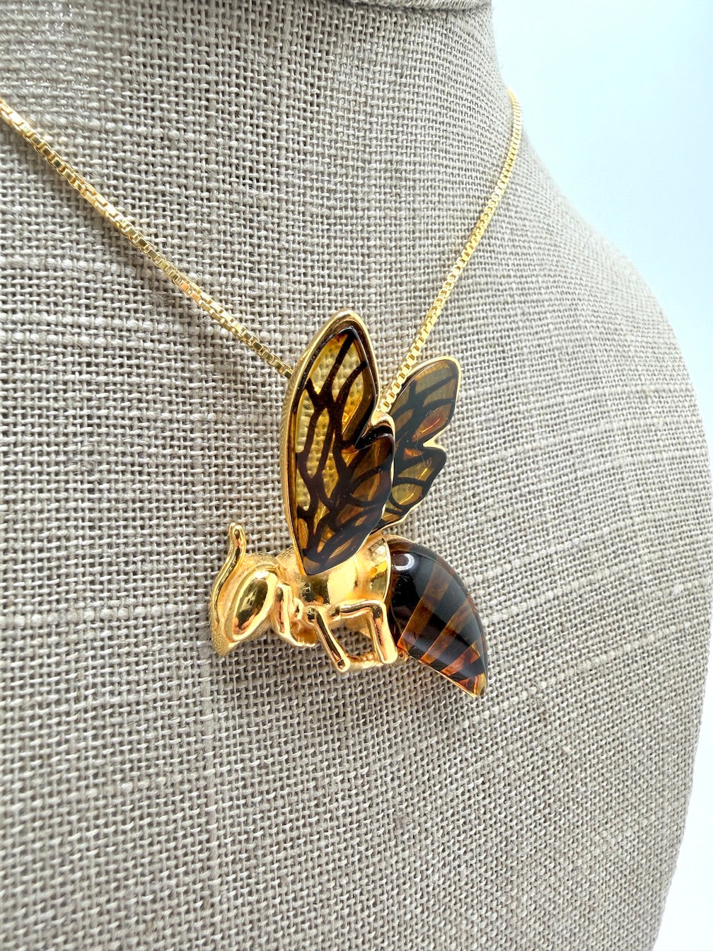 Handmade in Poland Gold Plated Sterling Silver & Genuine Baltic Amber Bumblebee Necklace – Largest Size Museum-Quality Pendant