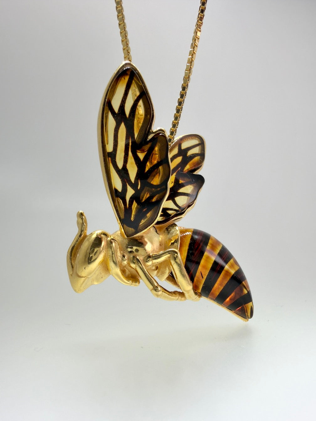 Handmade in Poland Gold Plated Sterling Silver & Genuine Baltic Amber Bumblebee Necklace – Largest Size Museum-Quality Pendant