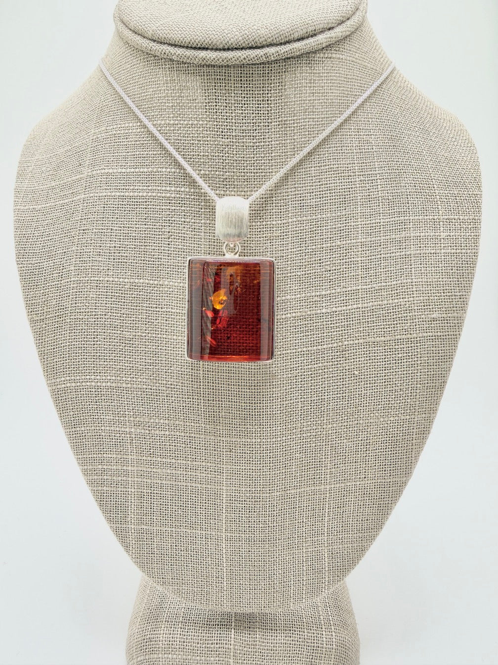 Handmade in Poland Modern Contemporary Sterling Silver Rectangular Brushed Pendant with Genuine Cognac Baltic Amber
