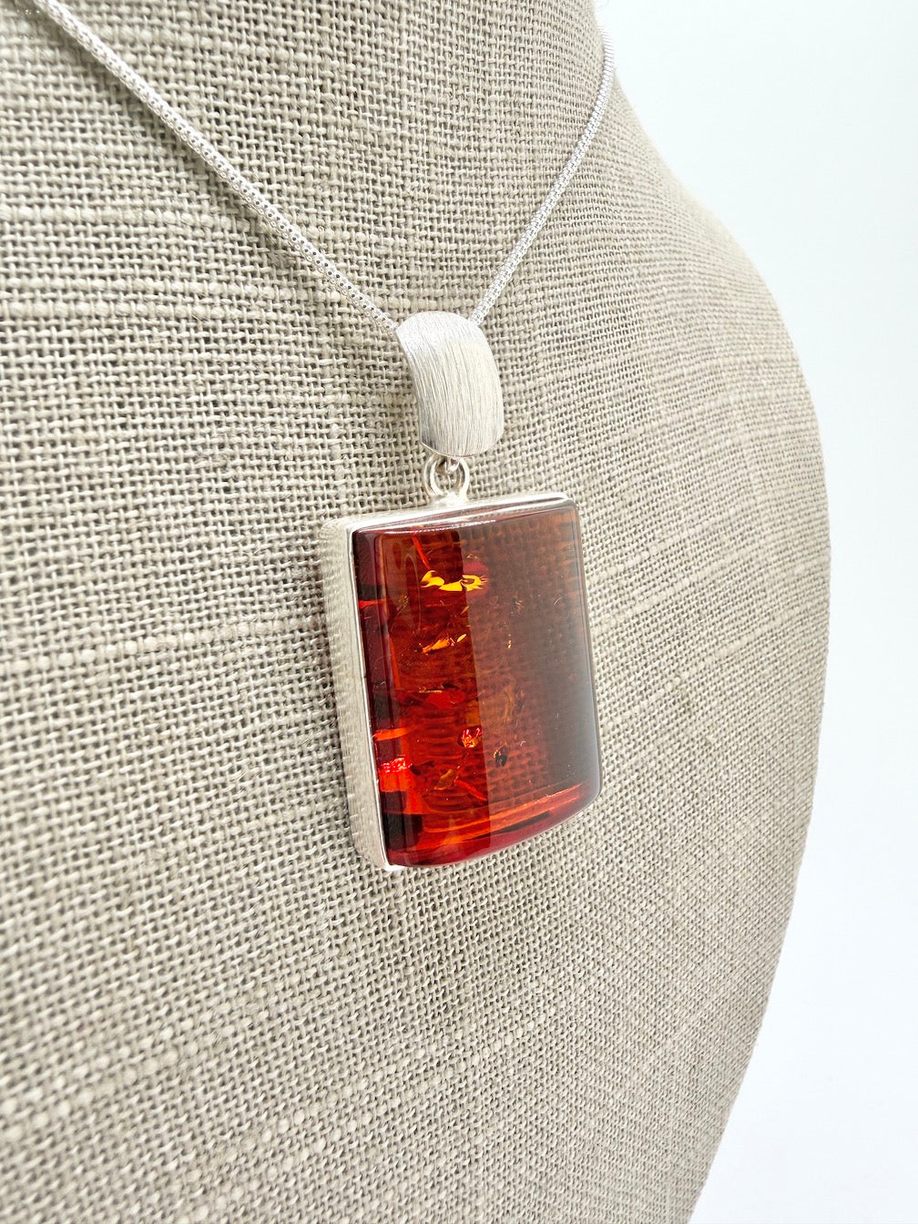 Handmade in Poland Modern Contemporary Sterling Silver Rectangular Brushed Pendant with Genuine Cognac Baltic Amber