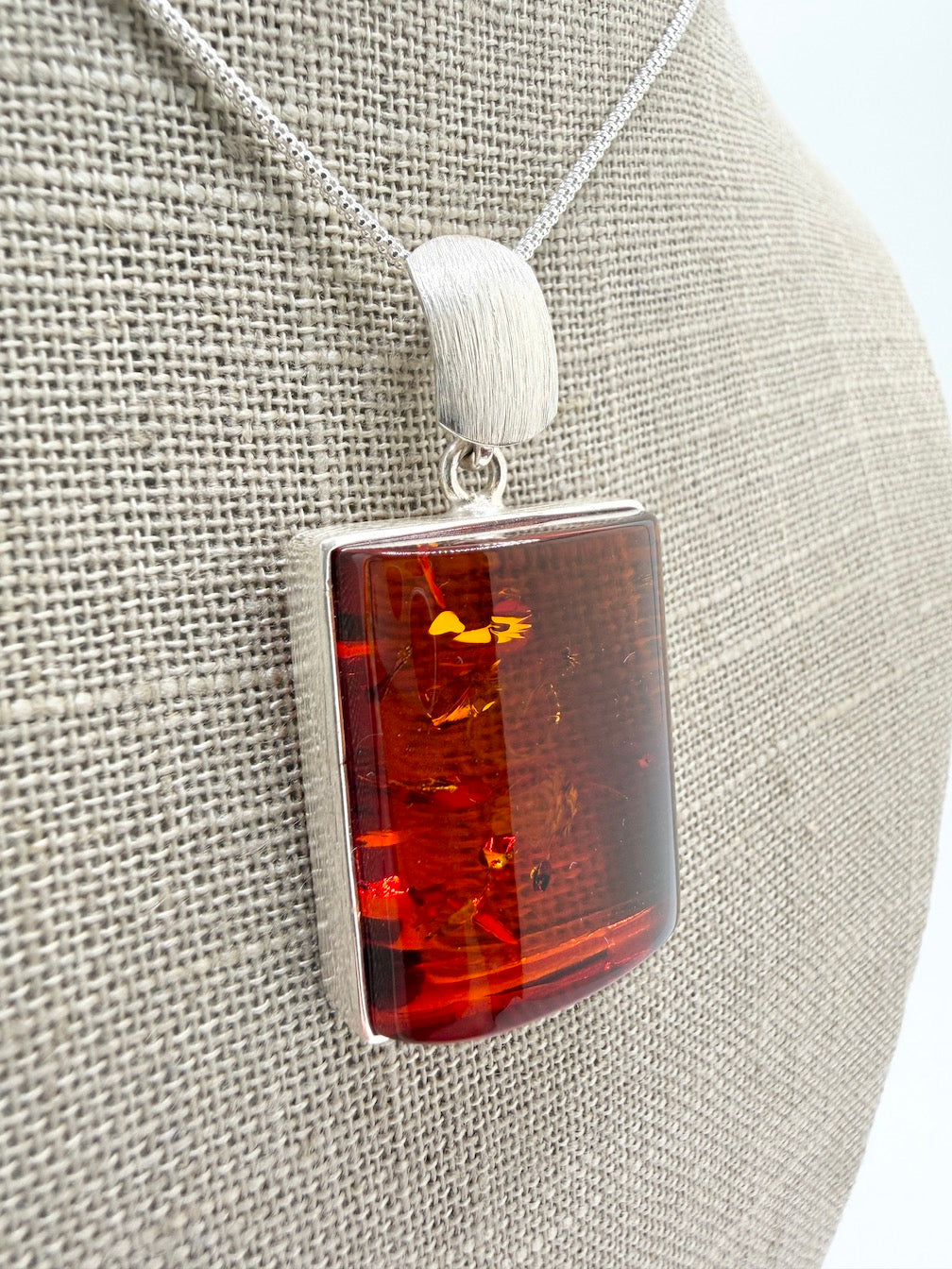 Handmade in Poland Modern Contemporary Sterling Silver Rectangular Brushed Pendant with Genuine Cognac Baltic Amber