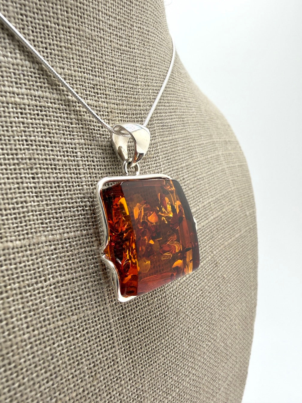 Handmade in Poland Modern Contemporary Sterling Silver Rectangular Pendant with Genuine Cognac Baltic Amber