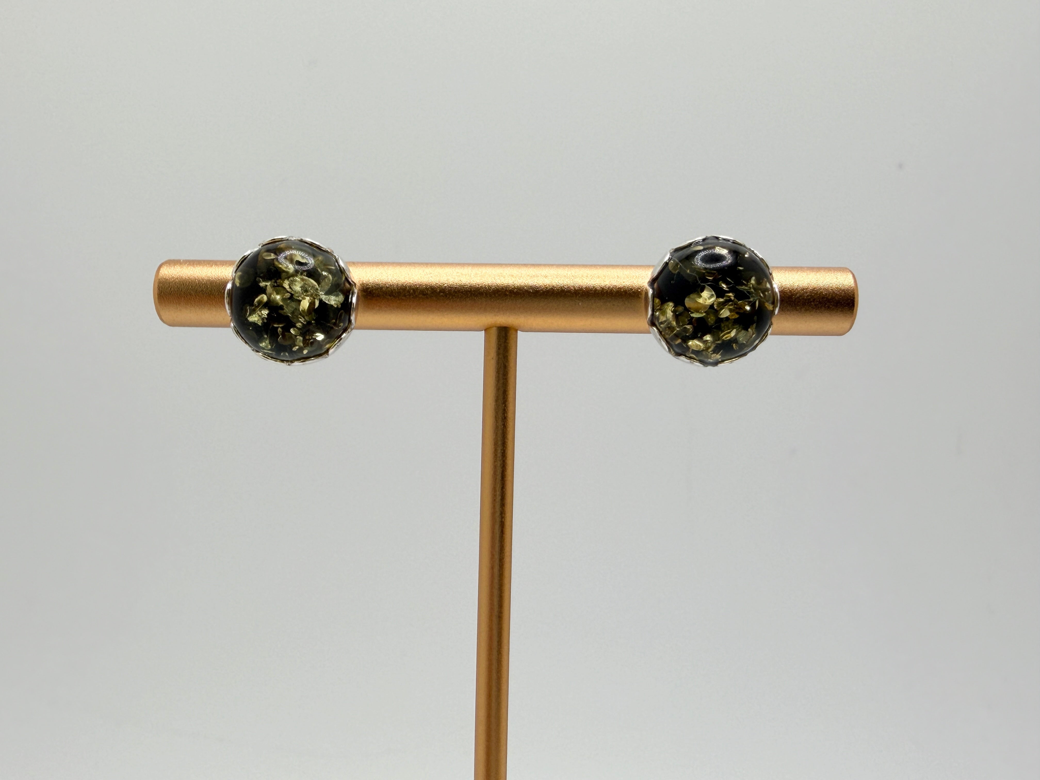 Sterling Silver Green Baltic Amber 10mm Round Cab Stud Earrings