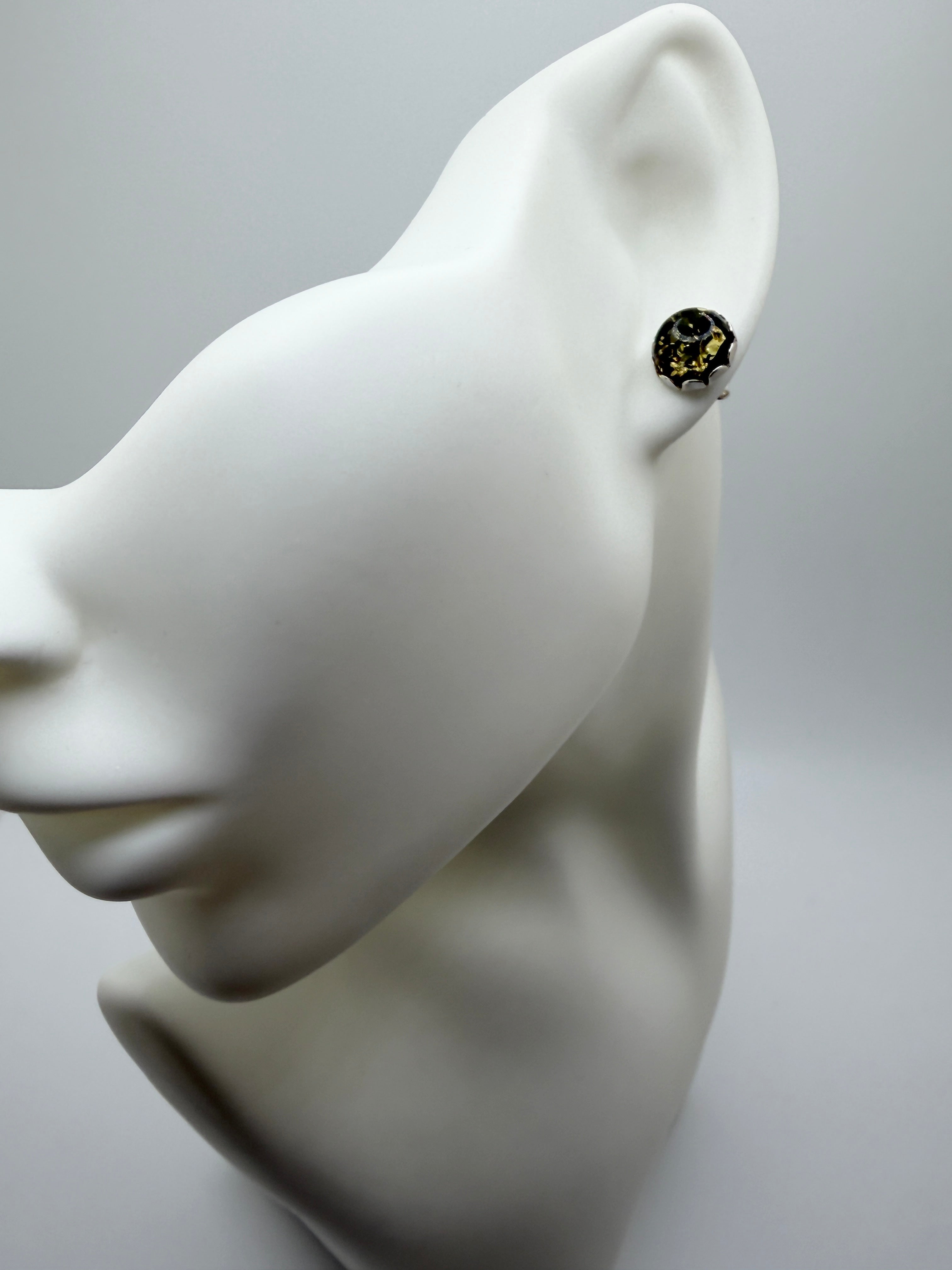 Sterling Silver Green Baltic Amber 10mm Round Cab Stud Earrings