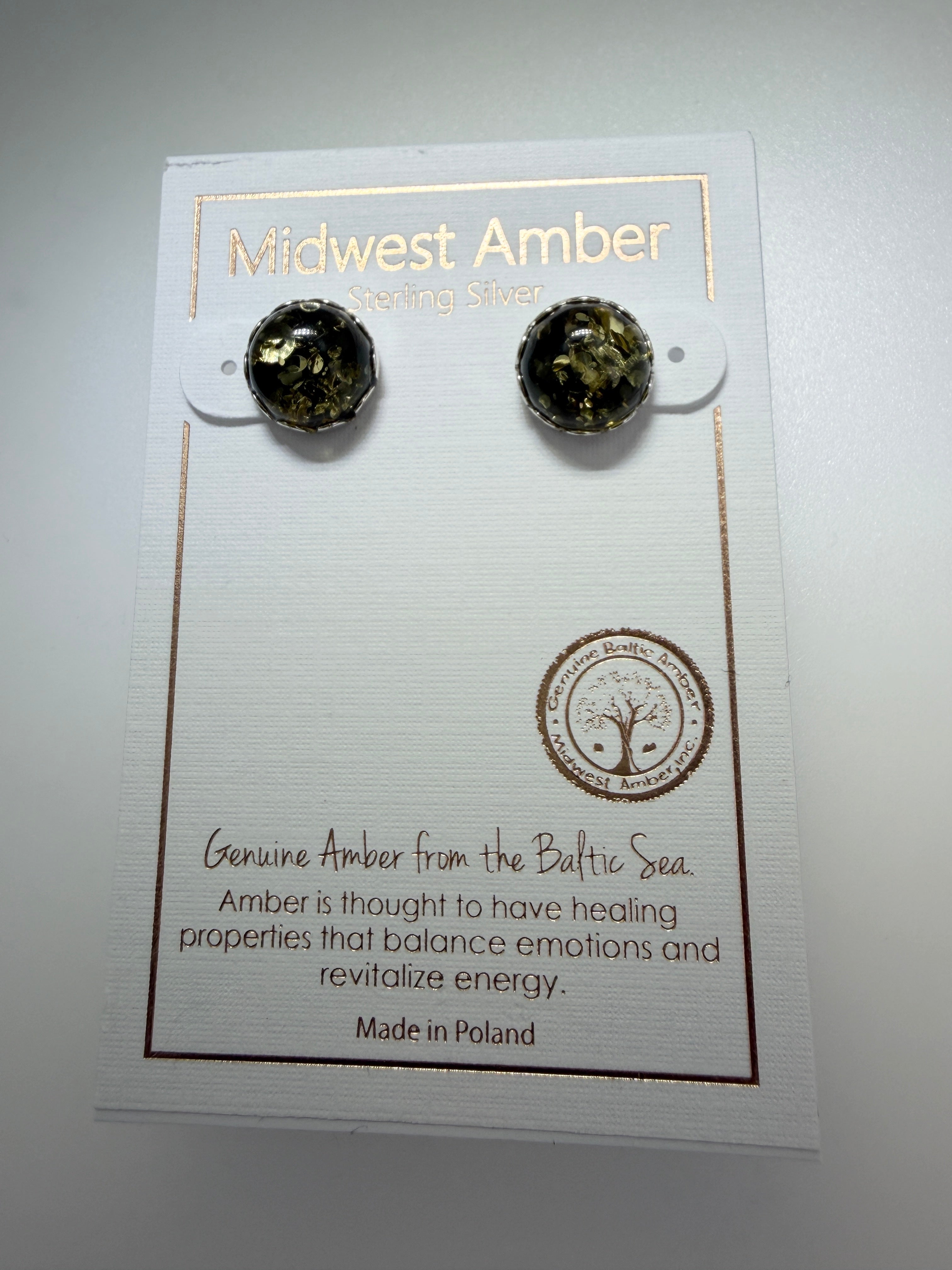 Sterling Silver Green Baltic Amber 10mm Round Cab Stud Earrings