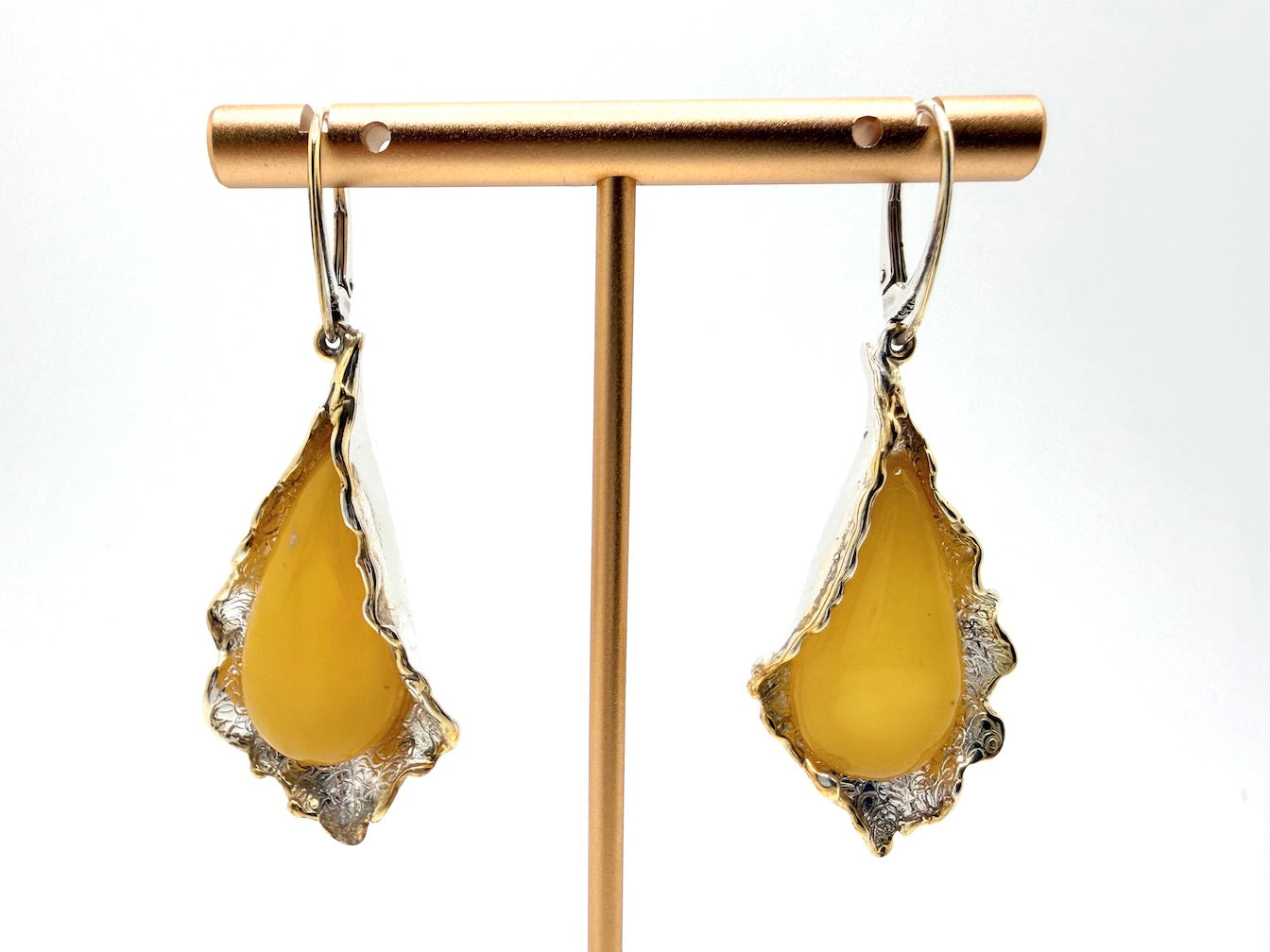 Handmade in Poland Sterling Silver Modern Artistic Butterscotch Baltic Amber Drop Earrings