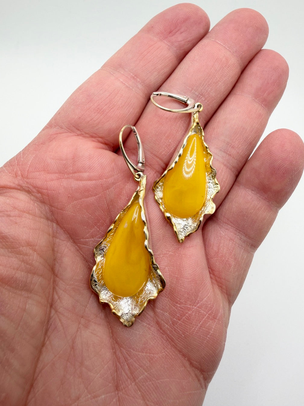 Handmade in Poland Sterling Silver Modern Artistic Butterscotch Baltic Amber Drop Earrings