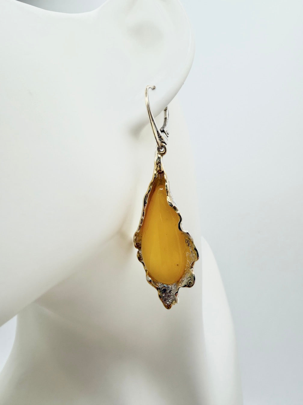 Handmade in Poland Sterling Silver Modern Artistic Butterscotch Baltic Amber Drop Earrings