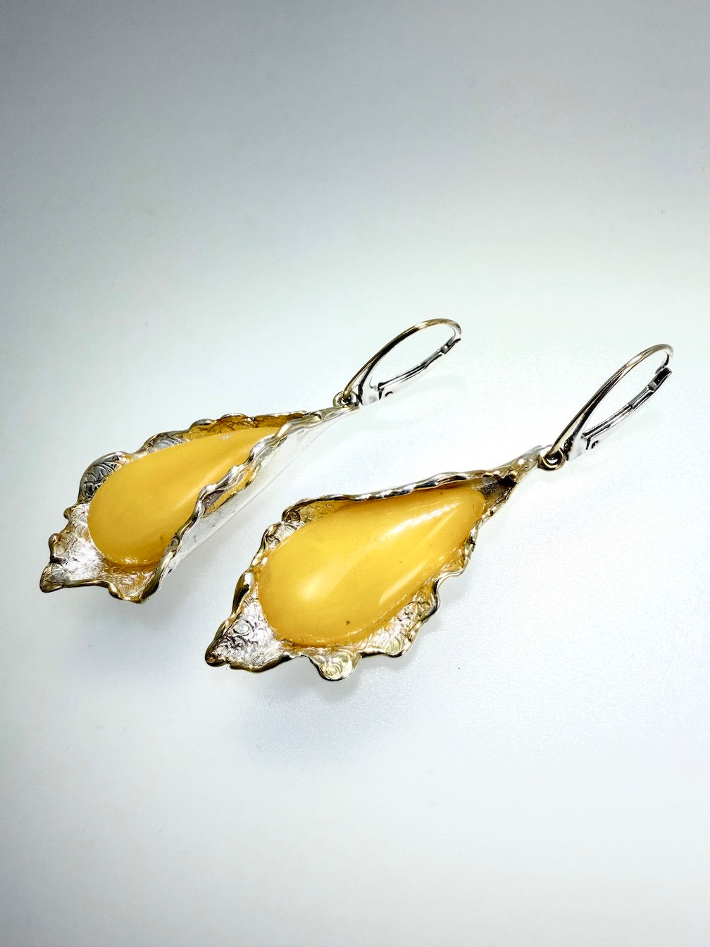 Handmade in Poland Sterling Silver Modern Artistic Butterscotch Baltic Amber Drop Earrings