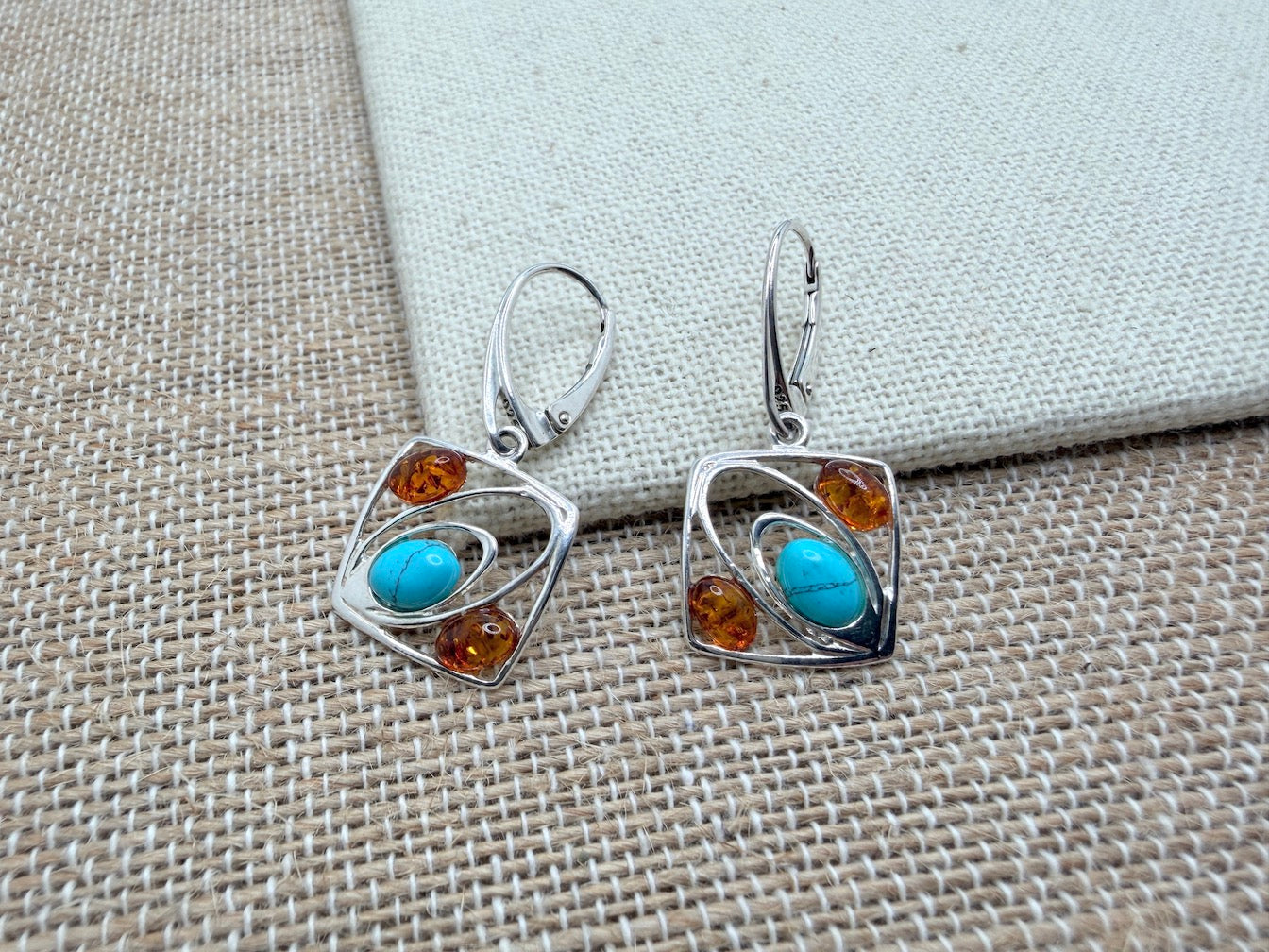 Handmade in Poland Sterling Silver & Cognac Baltic Amber Modern Drop Earrings – Square Design with Turquoise Accent