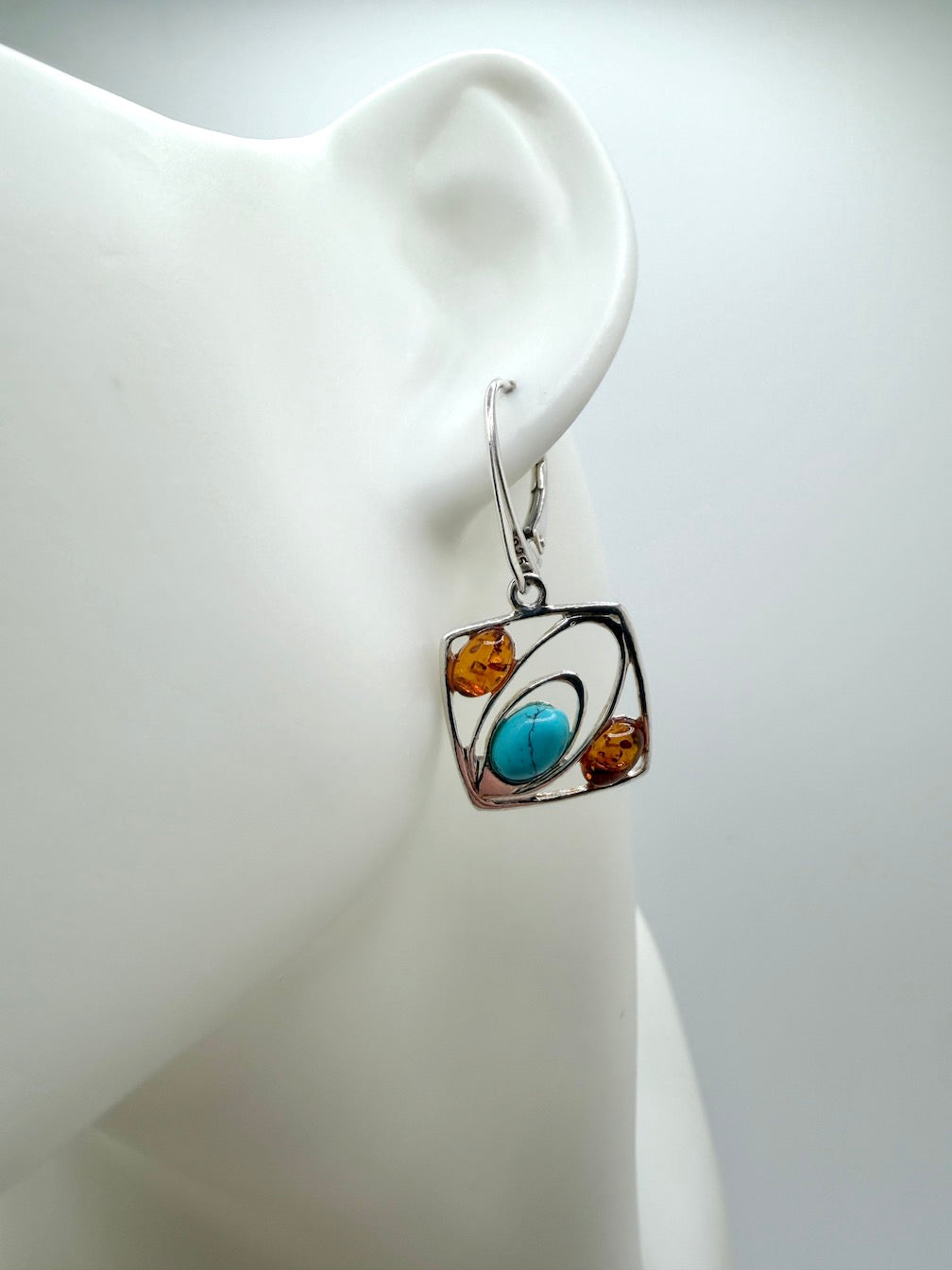 Handmade in Poland Sterling Silver & Cognac Baltic Amber Modern Drop Earrings – Square Design with Turquoise Accent