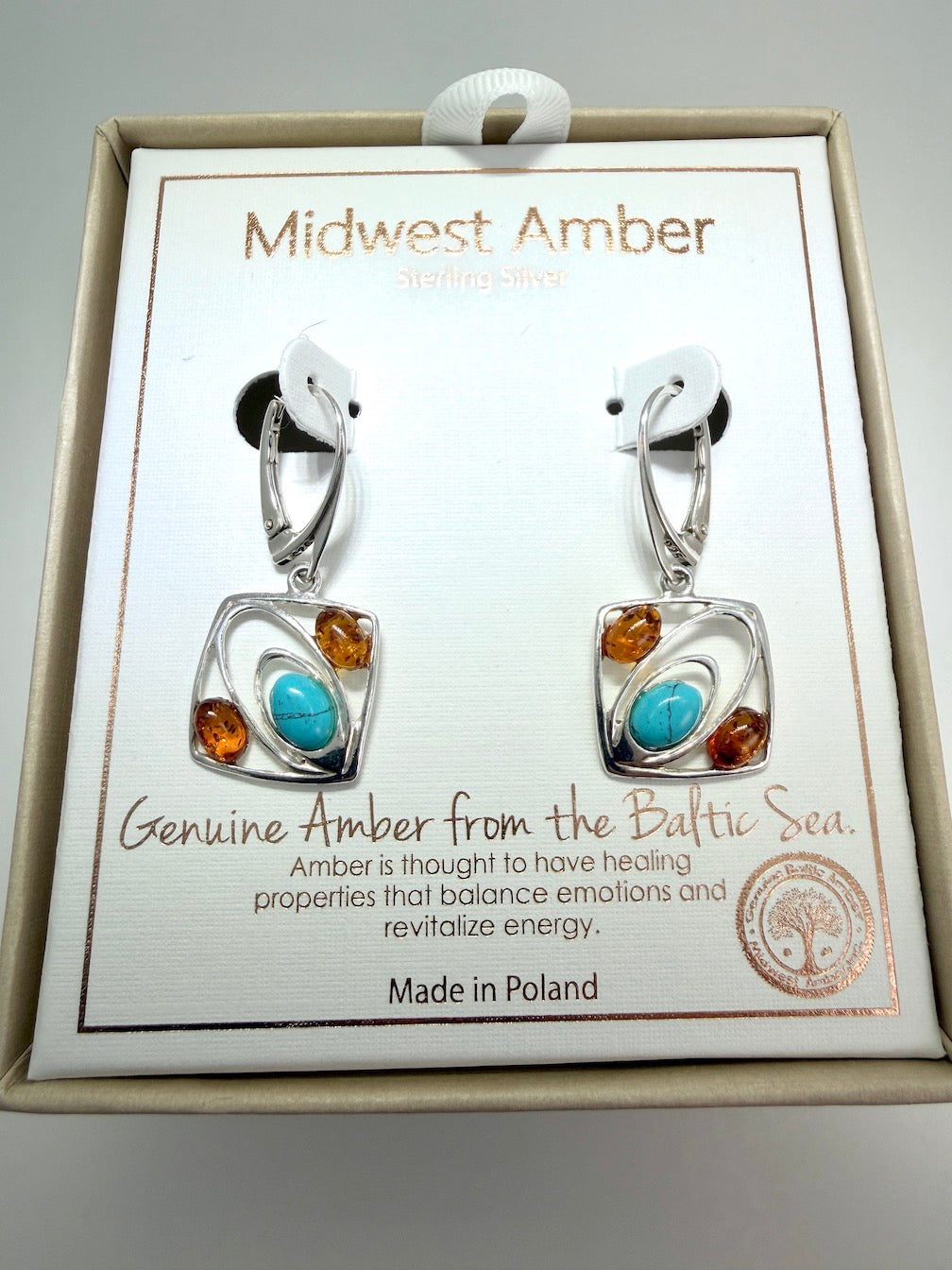 Handmade in Poland Sterling Silver & Cognac Baltic Amber Modern Drop Earrings – Square Design with Turquoise Accent