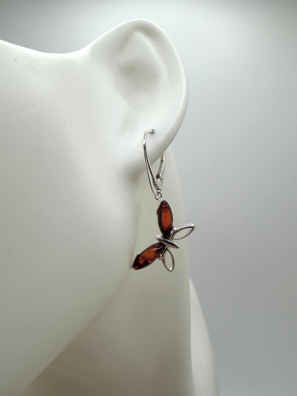 Handmade in Poland Sterling Silver & Genuine Baltic Amber Butterfly Earrings