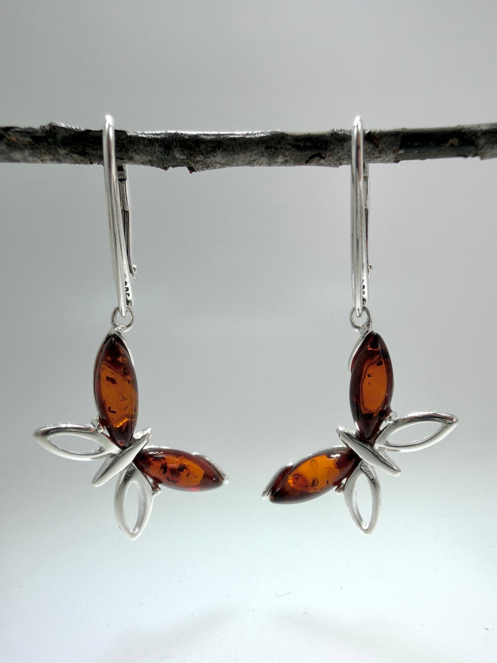 Handmade in Poland Sterling Silver & Genuine Baltic Amber Butterfly Earrings
