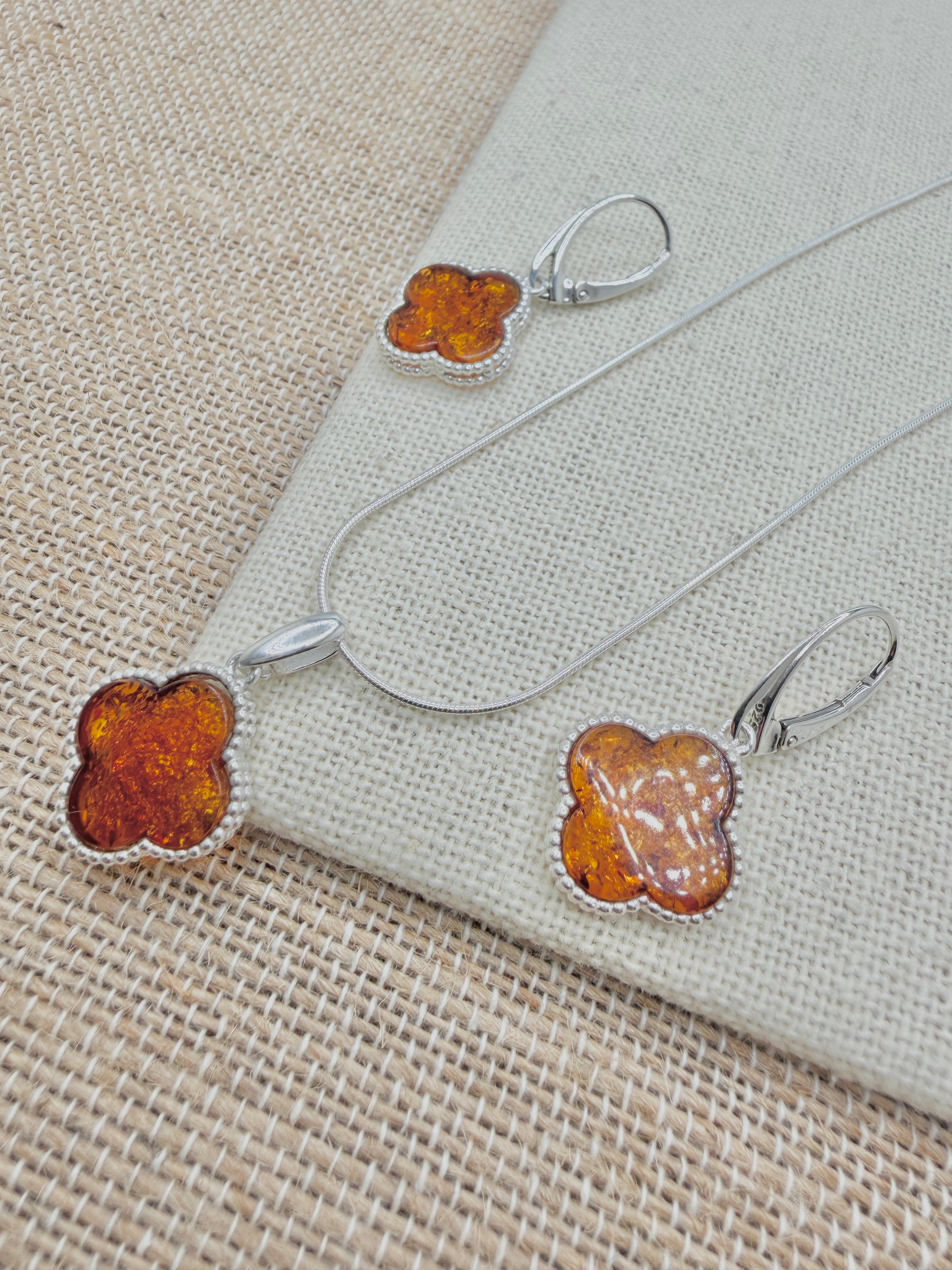 Handmade in Poland Sterling Silver & Genuine Baltic Amber Clover Necklace & Earrings Set